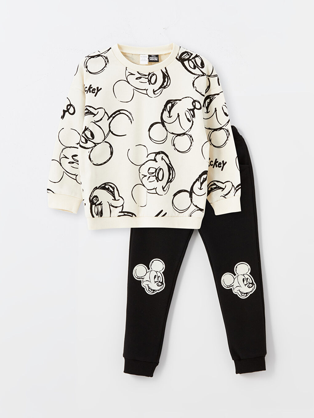 LCW Kids Ekru Baskılı Bisiklet Yaka Mickey Mouse Baskılı Erkek Çocuk Sweatshirt ve Eşofman Alt 2'li Takım