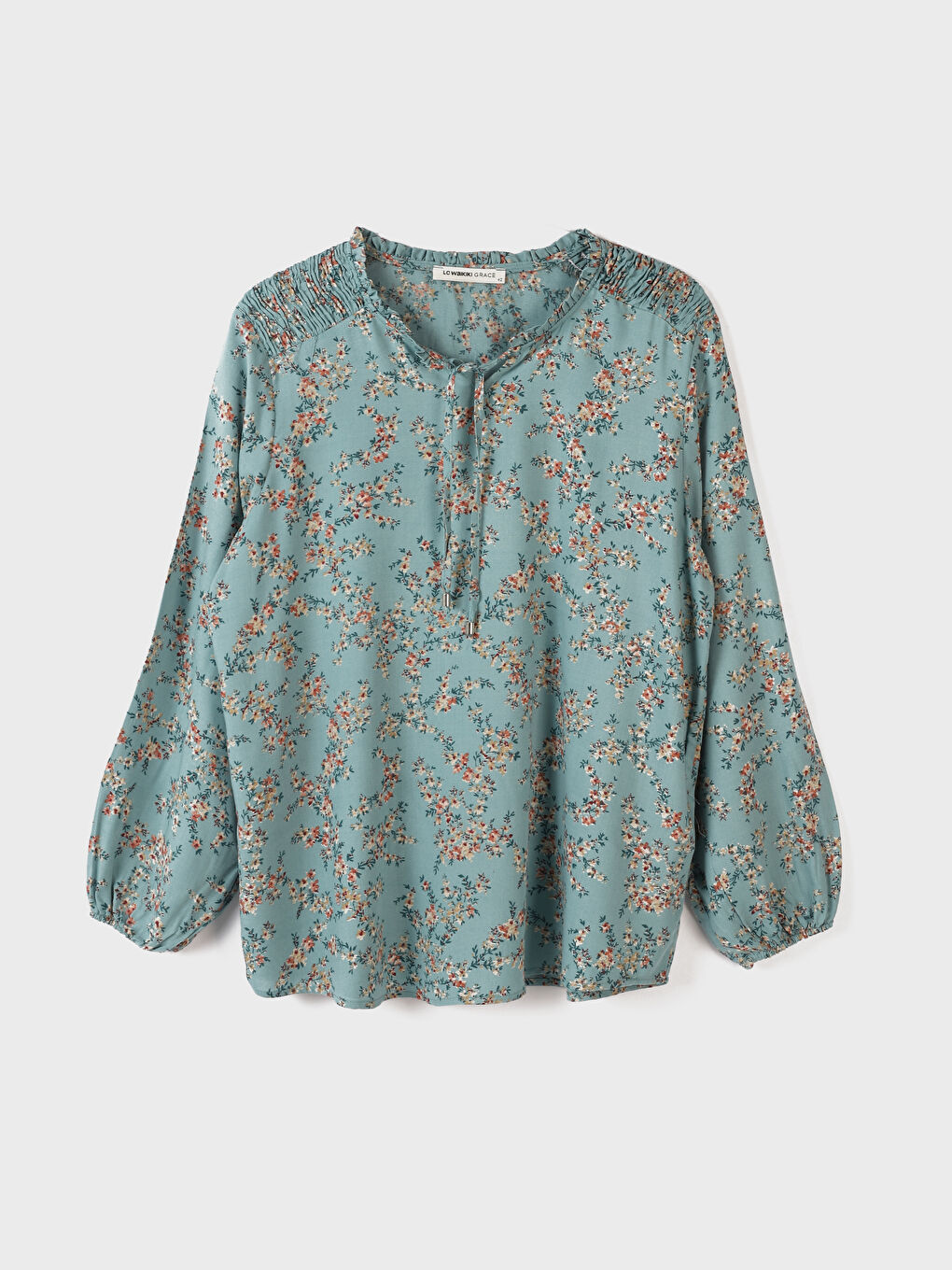 Yeşil Bağlamalı Yaka Çiçekli Uzun Kollu Kadın Bluz