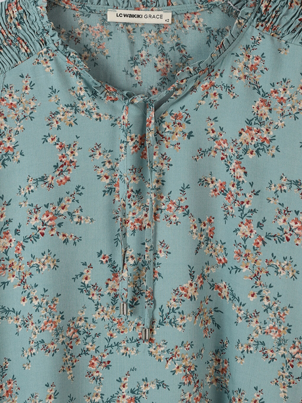 Yeşil Bağlamalı Yaka Çiçekli Uzun Kollu Kadın Bluz-2