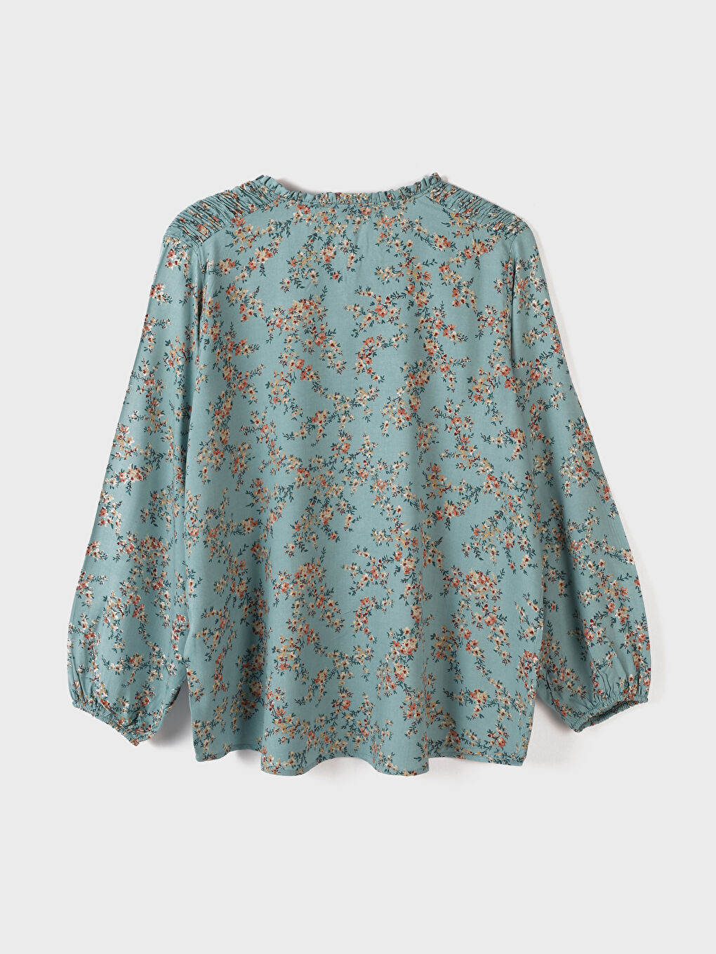 Yeşil Bağlamalı Yaka Çiçekli Uzun Kollu Kadın Bluz-3