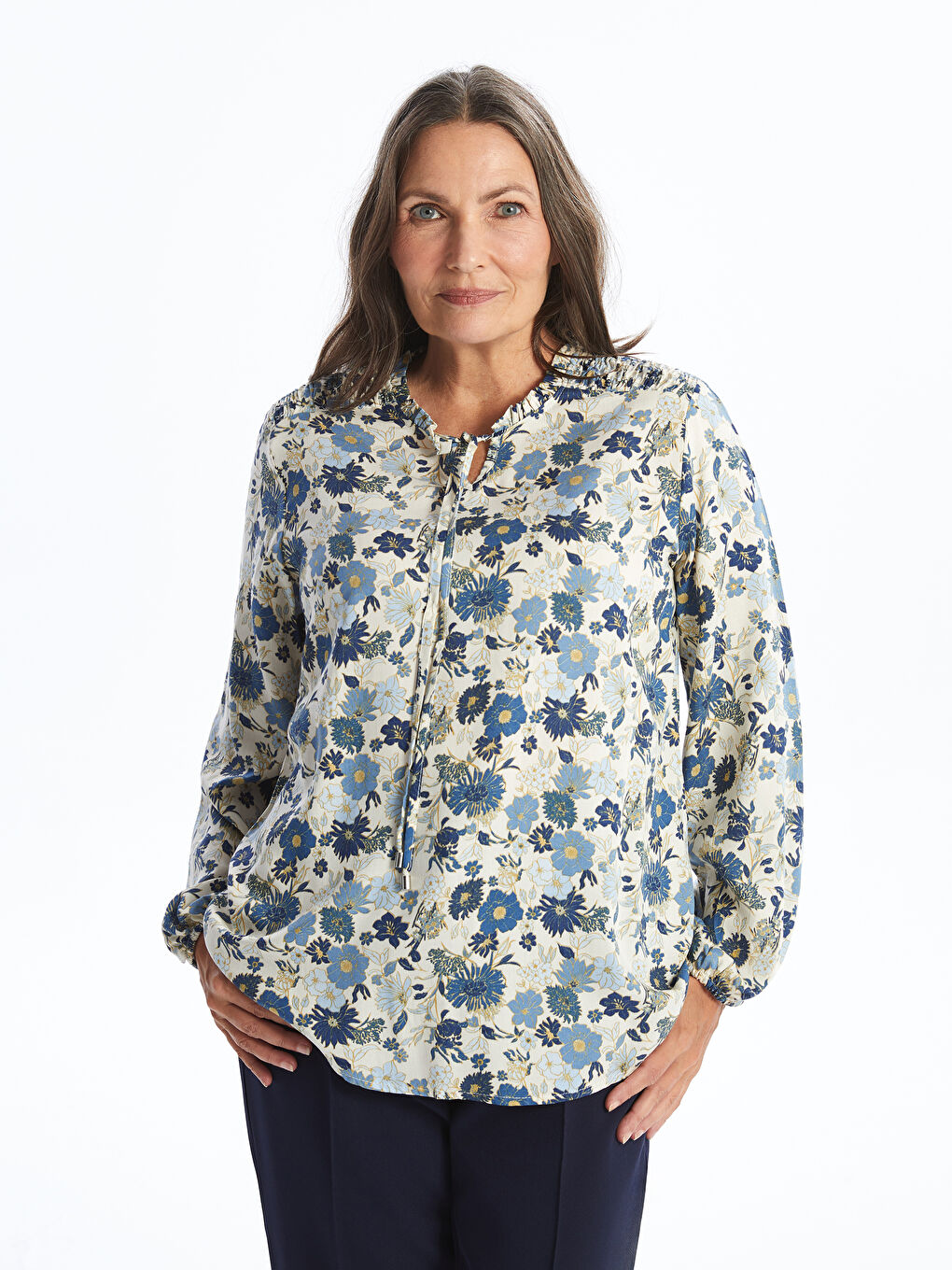 Tie Neck Patterned Long Sleeve Women's Blouse
