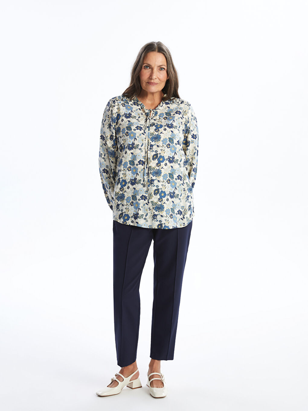 Tie Neck Patterned Long Sleeve Women's Blouse-1