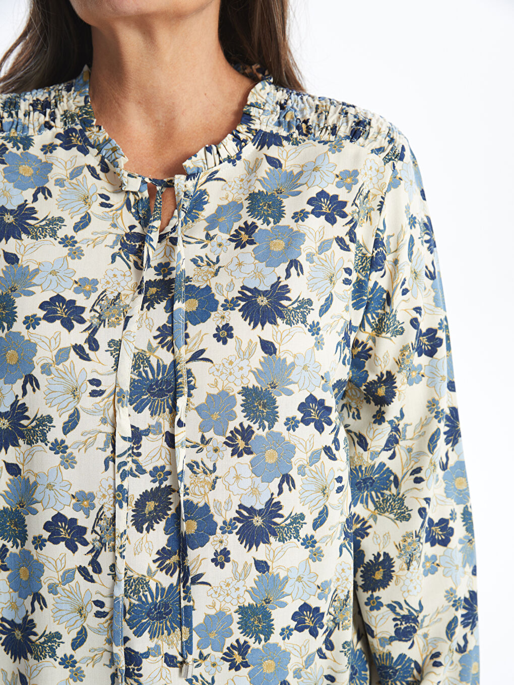 Tie Neck Patterned Long Sleeve Women's Blouse-2