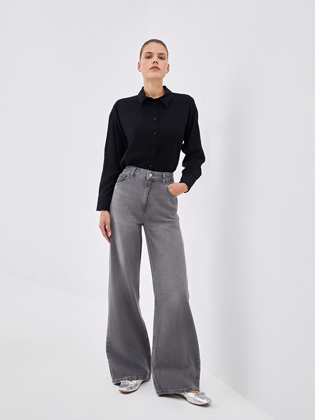 LCW Modest Lıght Grey Rodeo Wideleg Kadın Jean Pantolon