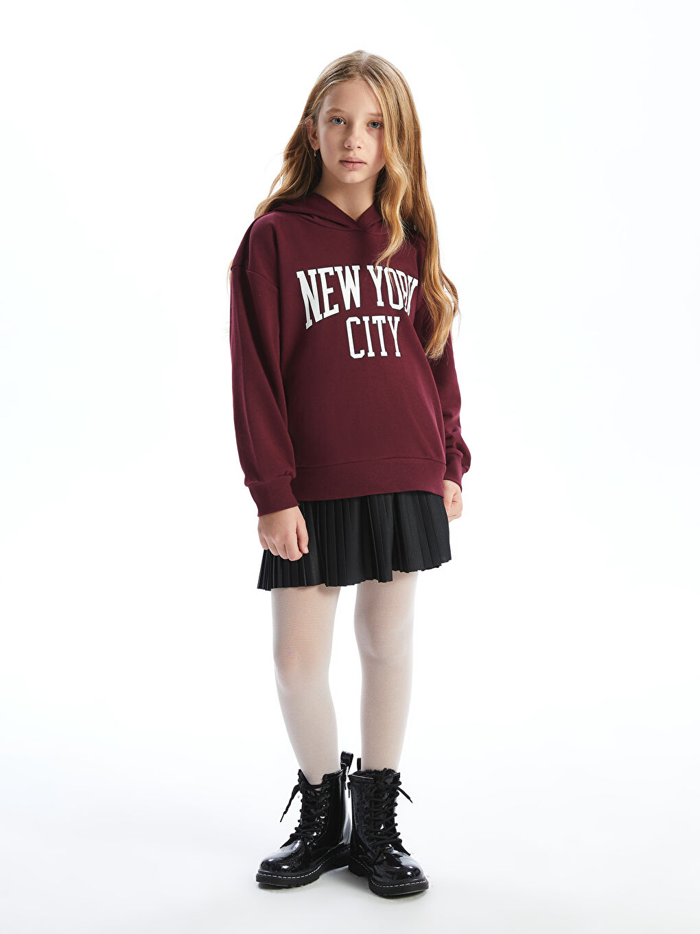 LCW Kids Bordo Kapüşonlu New York Baskılı Kız Çocuk Sweatshirt - 1