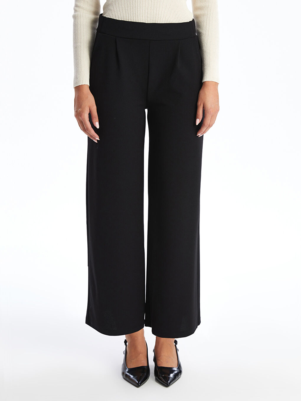 Siyah Kadın Beli Lastikli Düz Pantolon-1