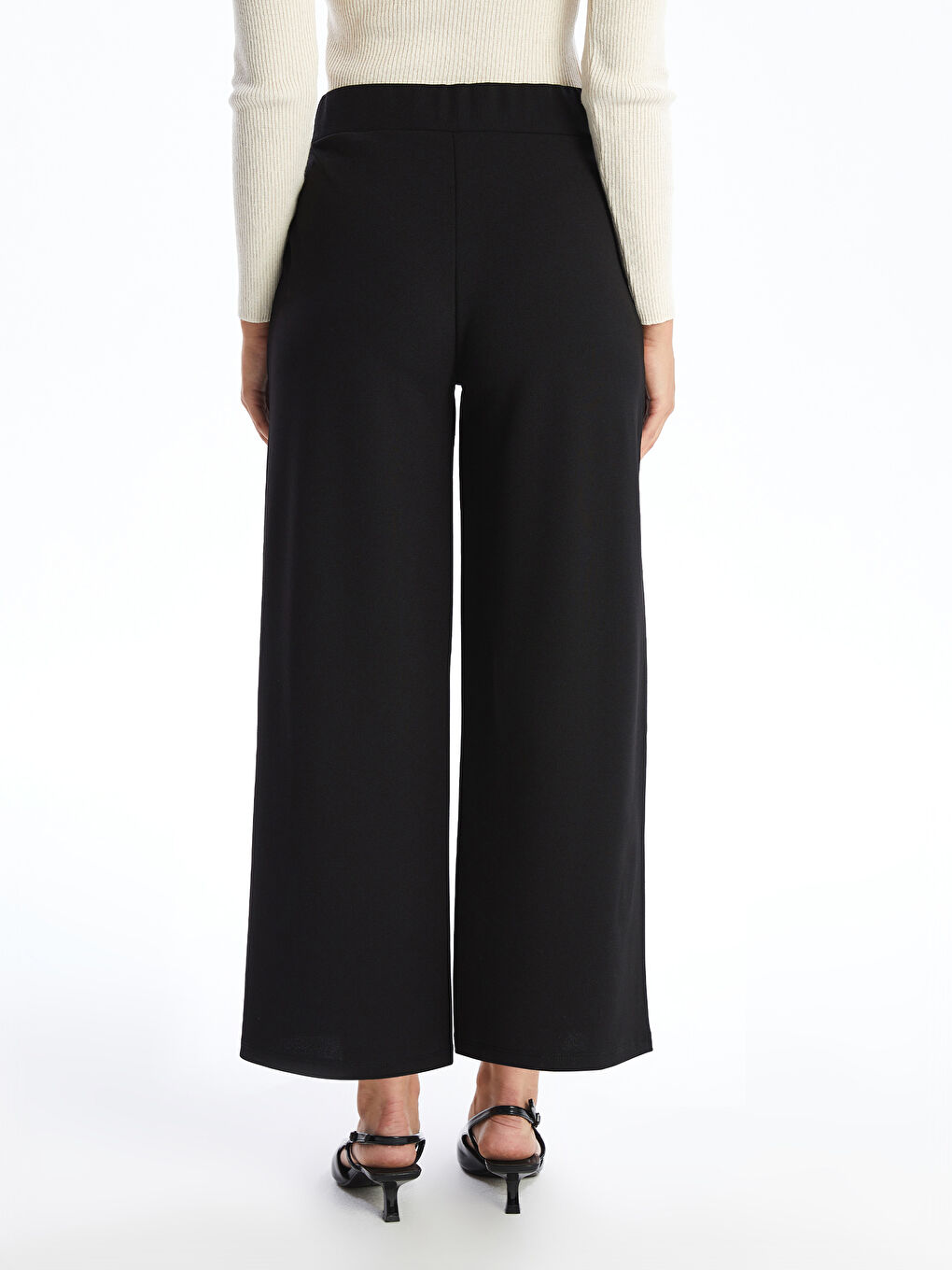 Siyah Kadın Beli Lastikli Düz Pantolon-3