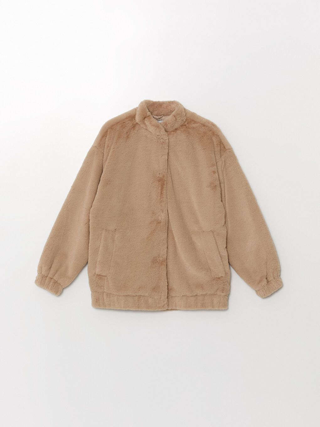 Bej Dik Yaka Düz Oversize Kadın Pelüş Mont-5