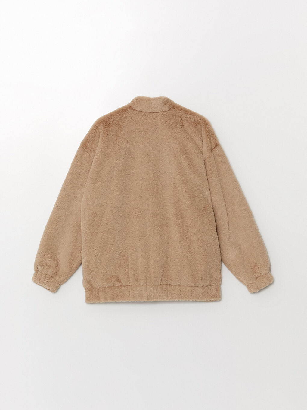 Bej Dik Yaka Düz Oversize Kadın Pelüş Mont-7