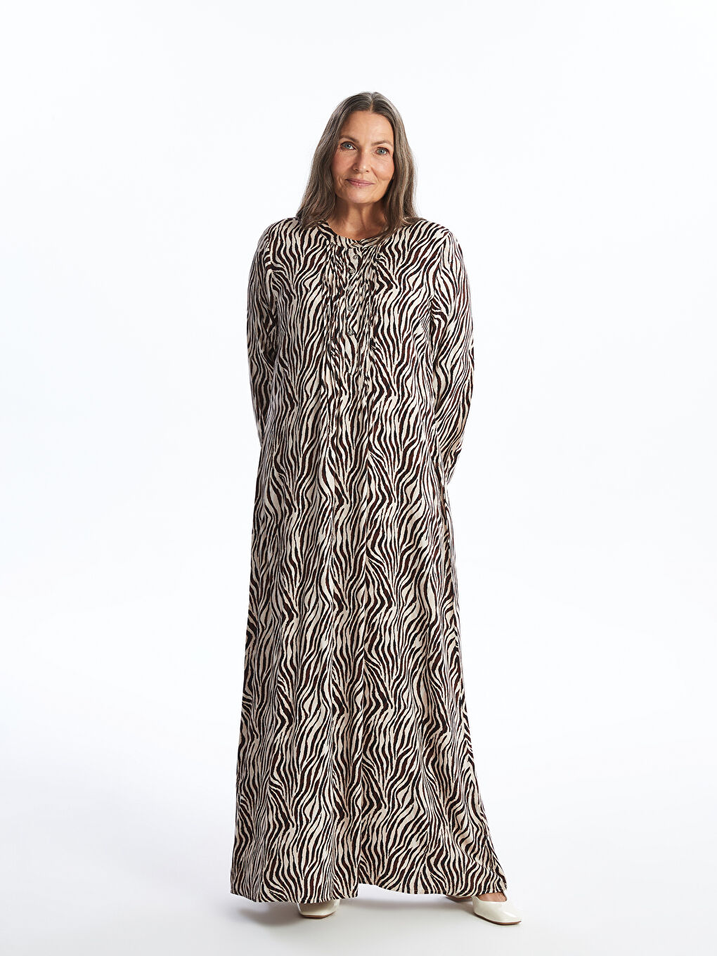 Grandad Collar Patterned Long Sleeve Women's Dress