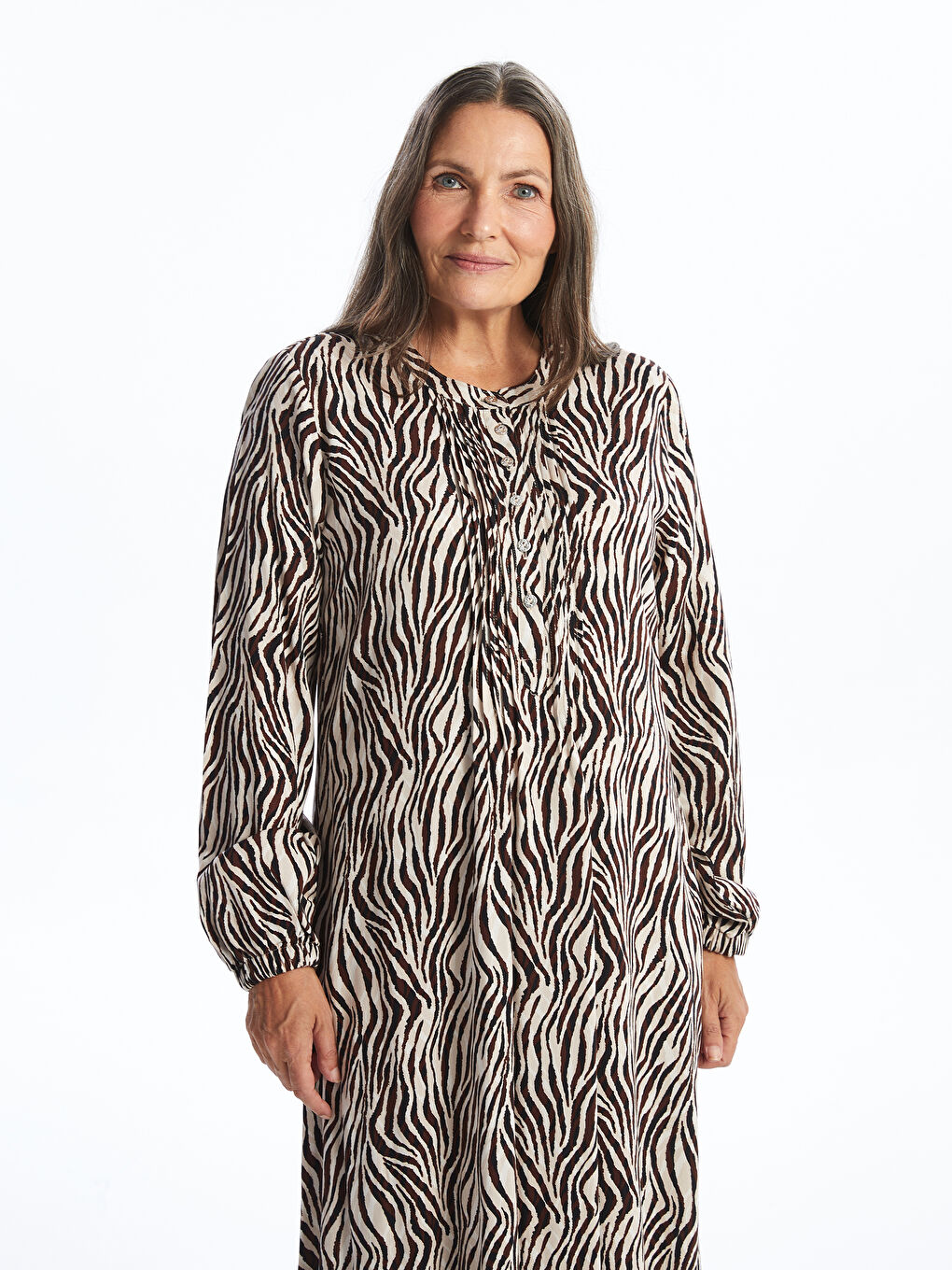 Grandad Collar Patterned Long Sleeve Women's Dress-1