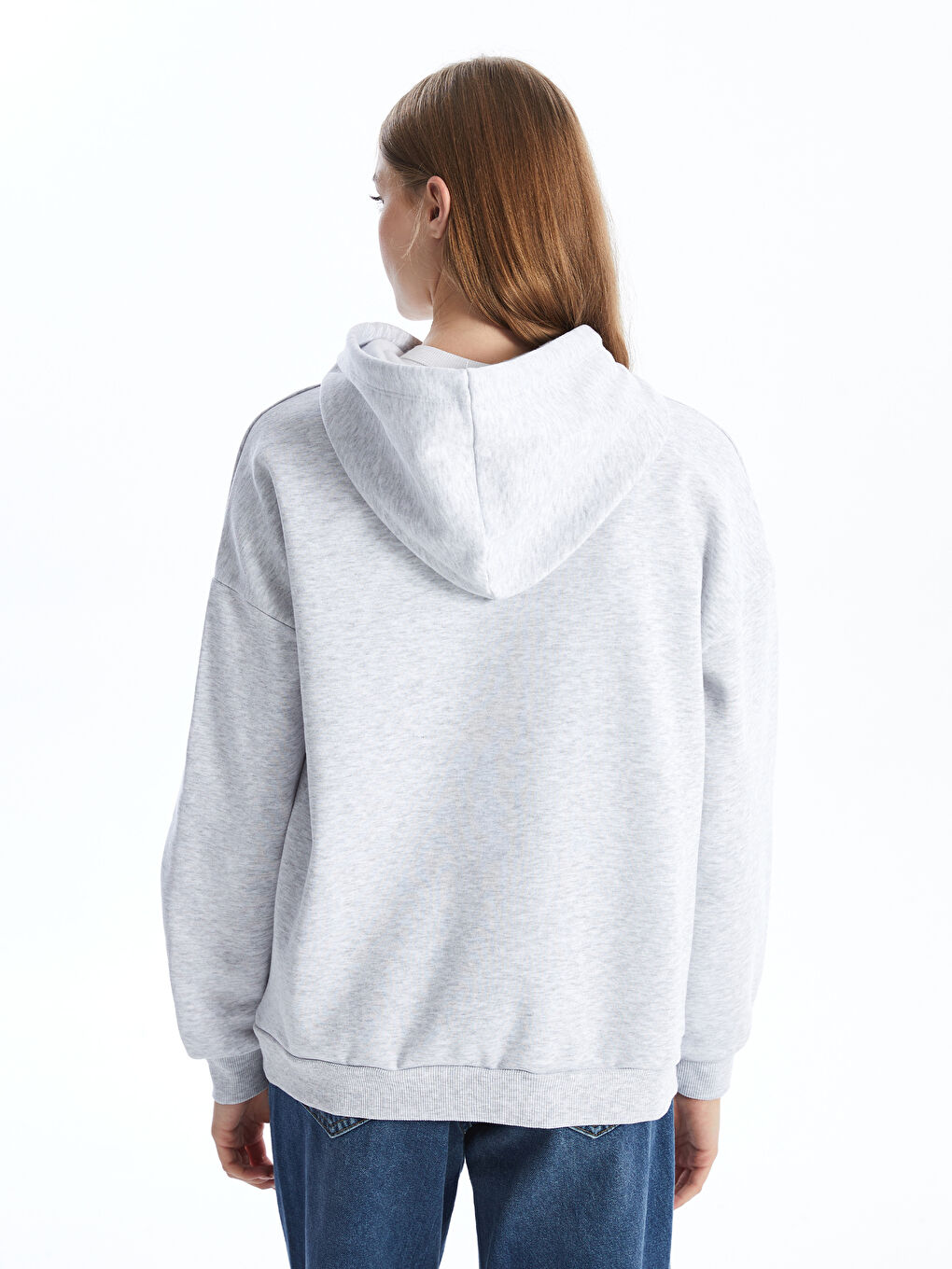 XSIDE Gri Melanj Baskılı Uzun Kollu Oversize Kadın Kalın Hoodie - 3