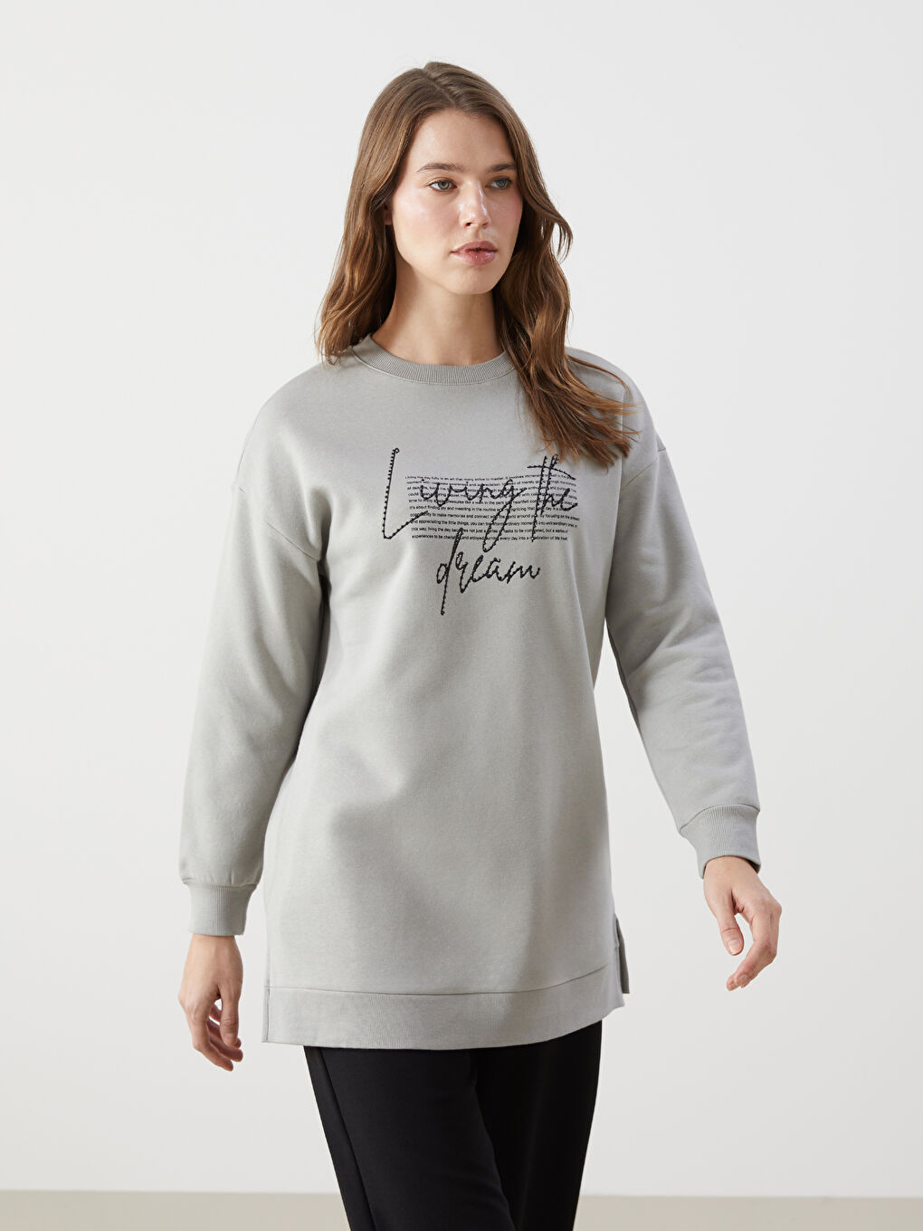 LCW Modest Gri Bisiklet Yaka Baskılı Kadın Sweatshirt Tunik