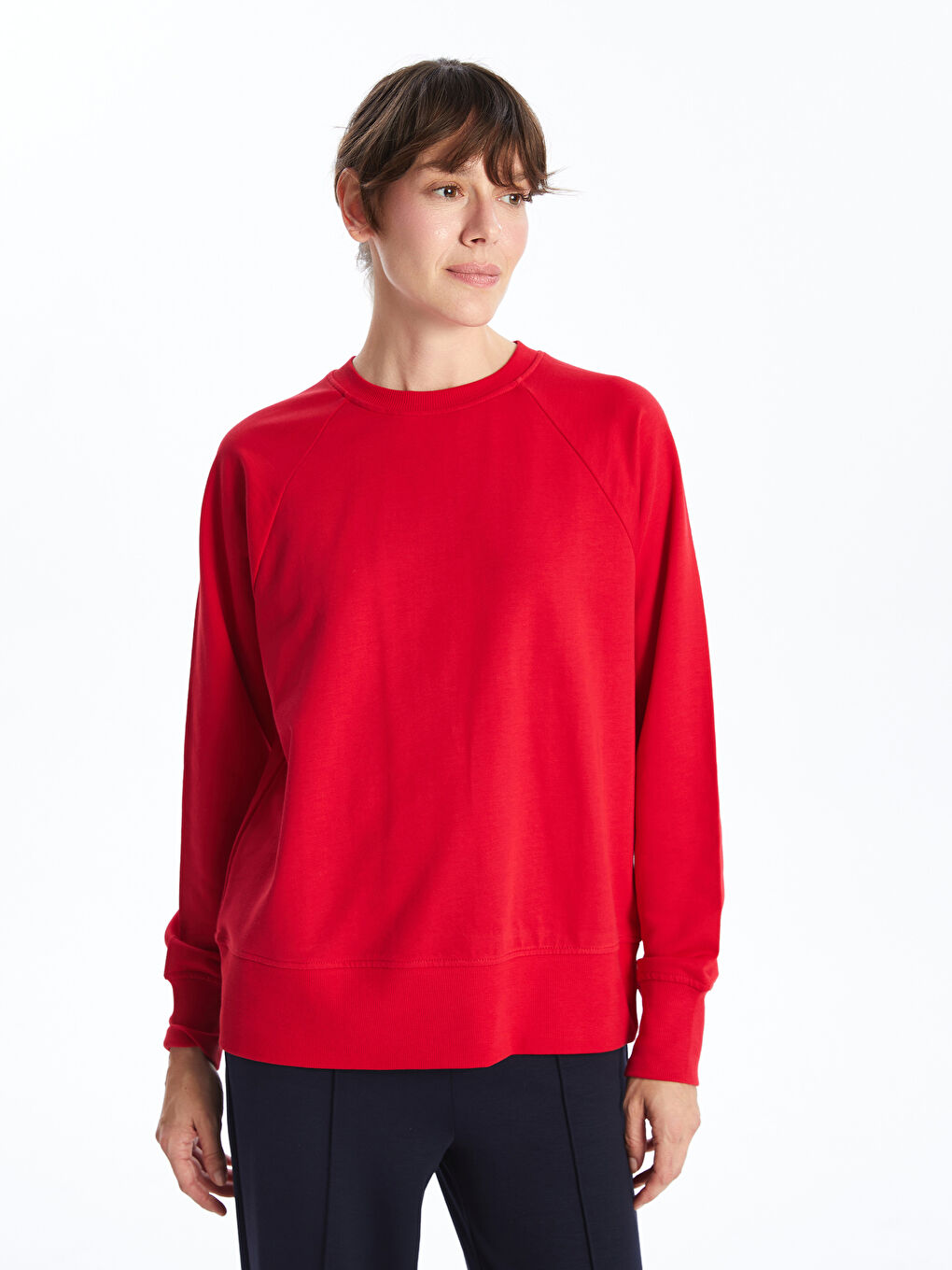 LCWAIKIKI Basic Kırmızı Bisiklet Yaka Oversize Kadın Sweatshirt - 1