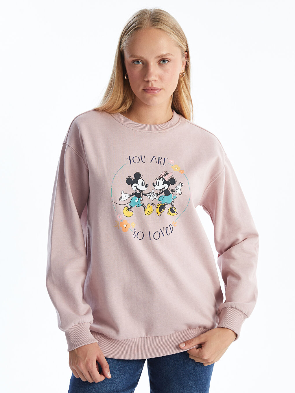 LCW Comfort Mat Lila Bisiklet Yaka Mickey Mouse Baskılı Kadın Sweatshirt