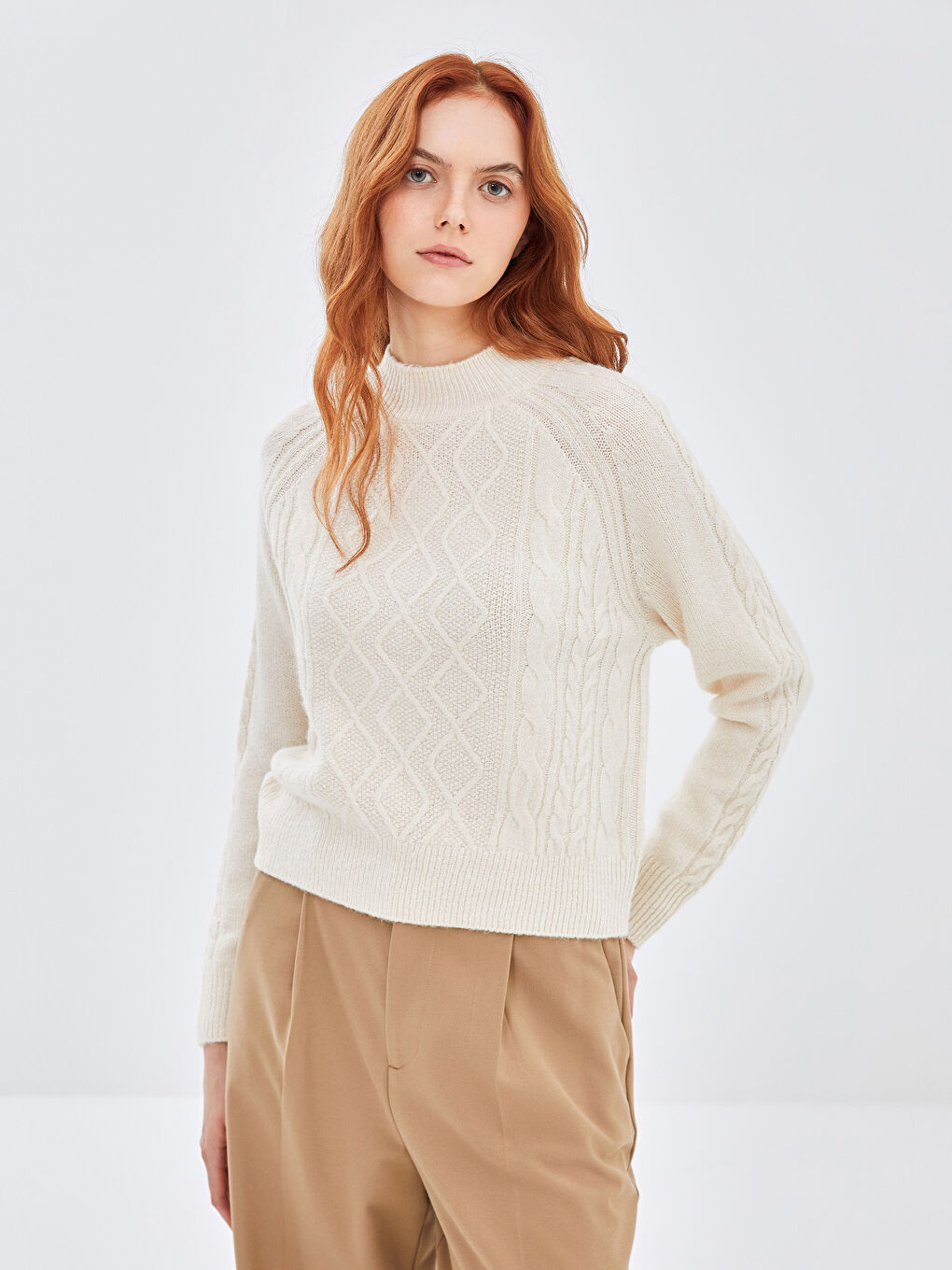 Funnel Neck Patterned Women's Knit Sweater -W4HJ30Z8-DJG