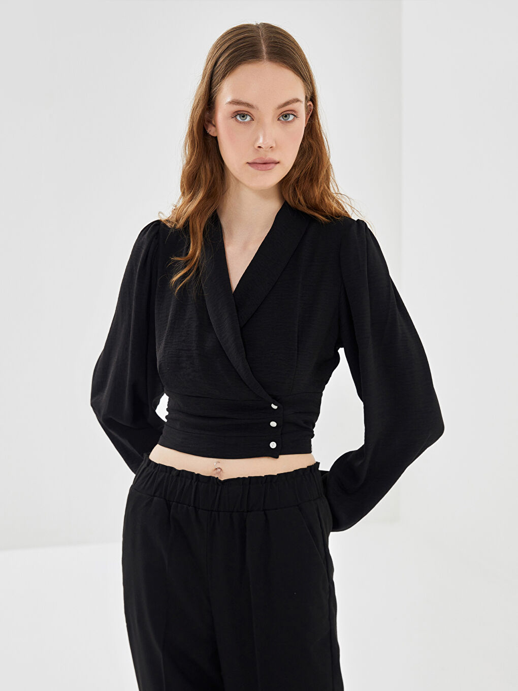 LCW Vision Double Breasted Collar Crop Women's Blouse -W4HM72Z8-CVL