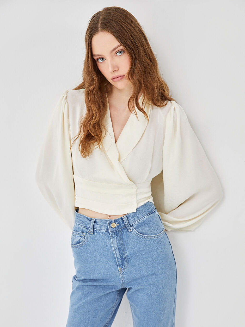 LCW Vision Double Breasted Collar Crop Women's Blouse -W4HM72Z8-R9J