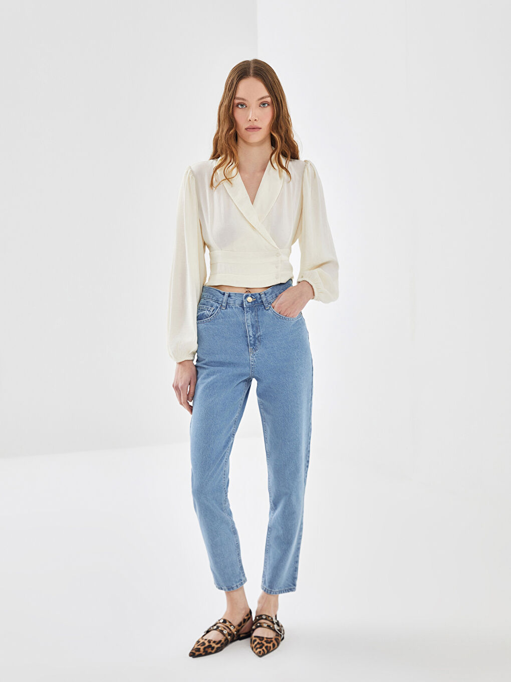 LCW Vision Double Breasted Collar Crop Women's Blouse -W4HM72Z8-R9J