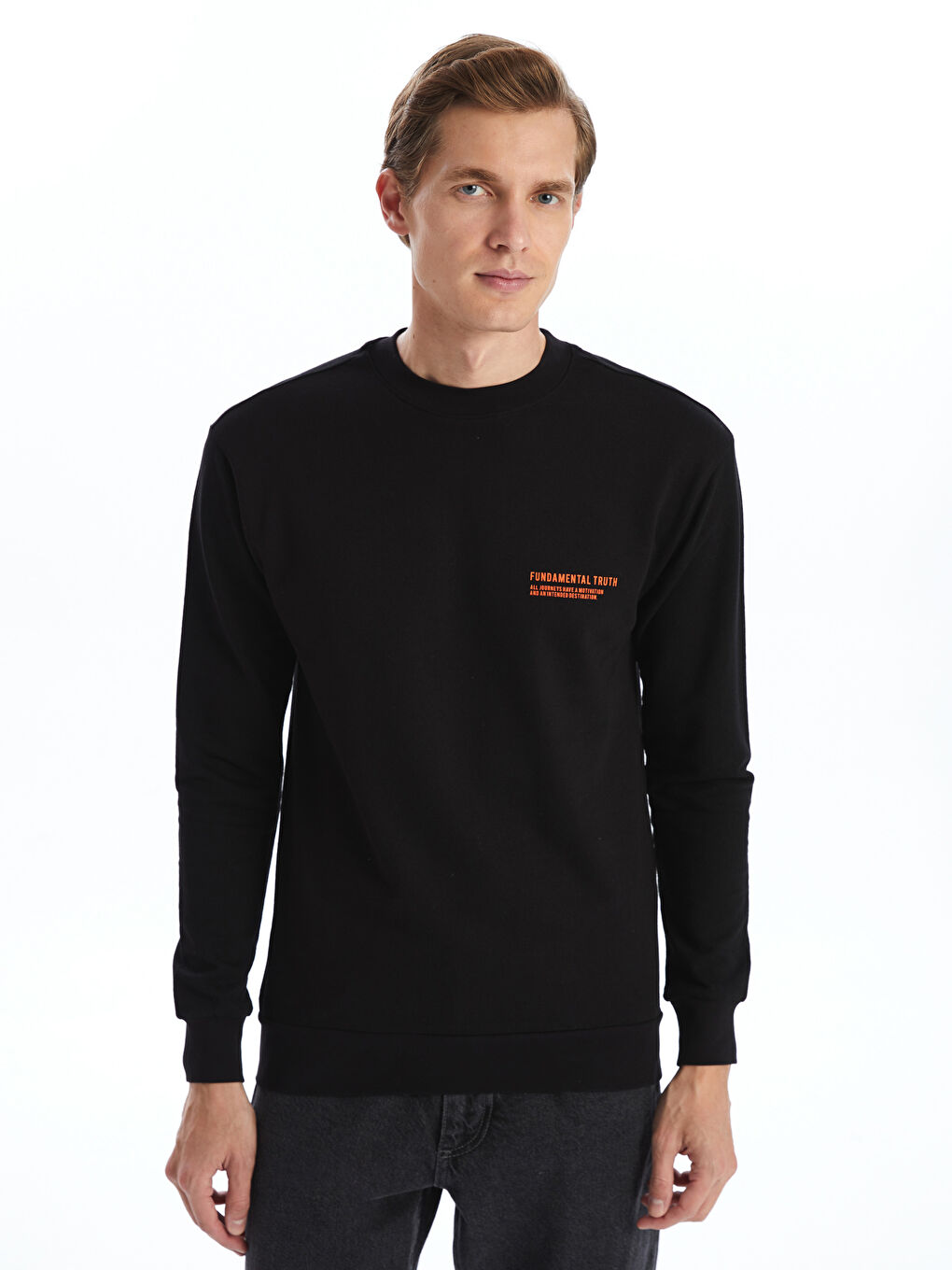 LCW ECO Yeni Siyah Bisiklet Yaka Uzun Kollu Baskılı Erkek Sweatshirt