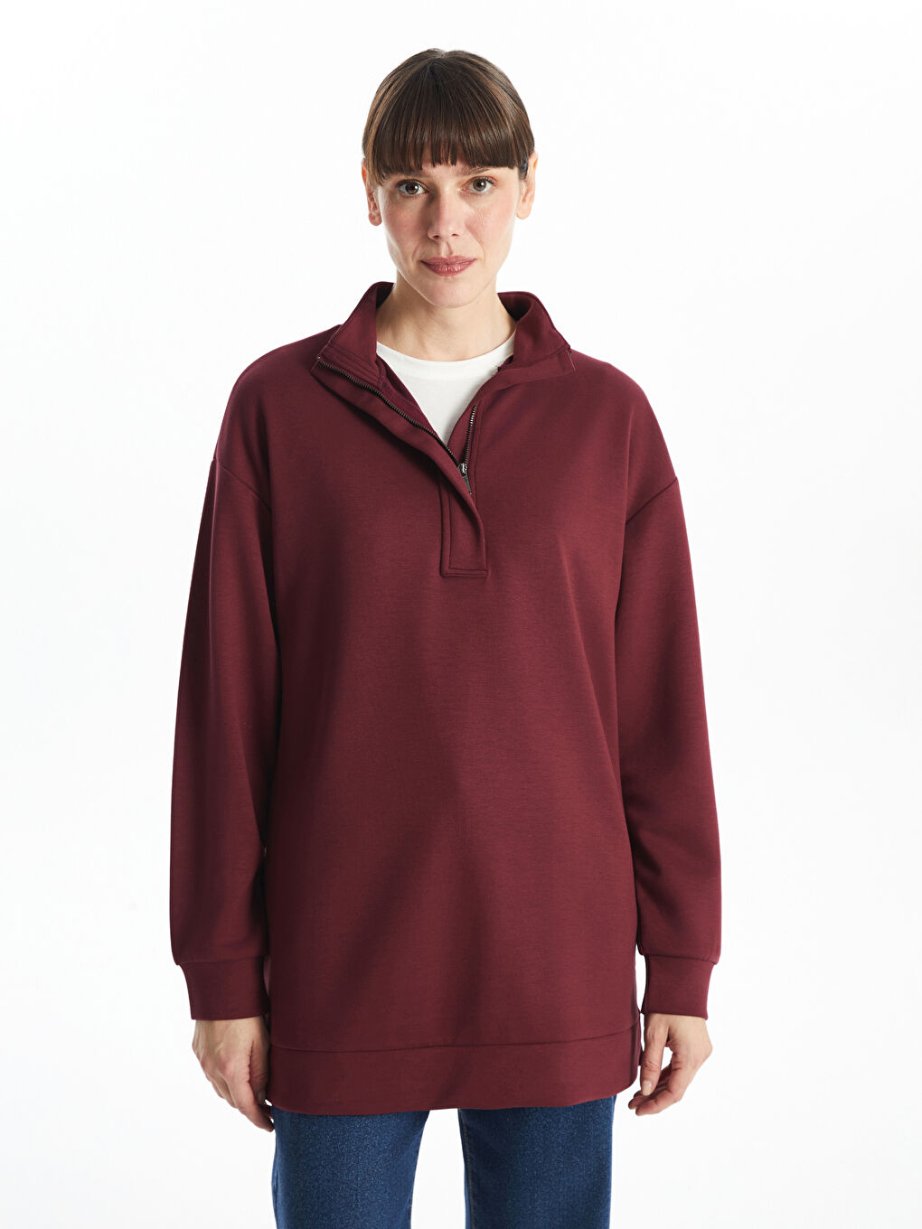 LCWAIKIKI Basic Bordo Dik Yaka Kadın Sweatshirt Tunik