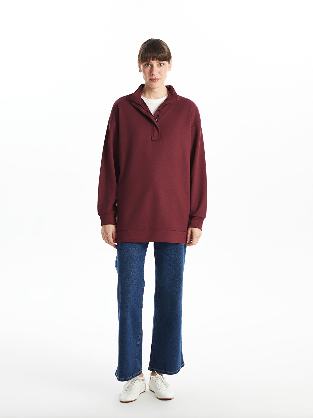 LCWAIKIKI Basic Bordo Dik Yaka Kadın Sweatshirt Tunik - 1