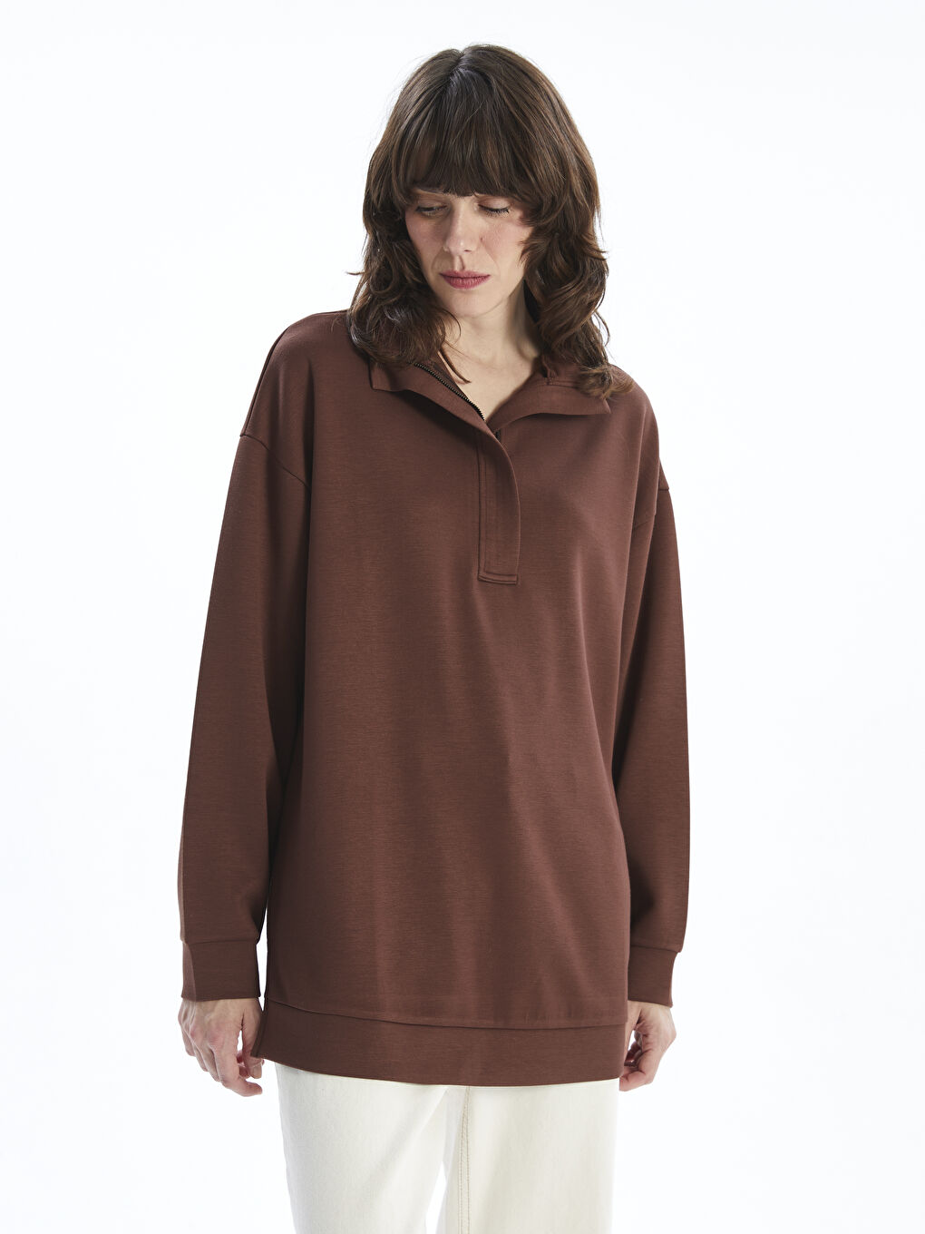 LCWAIKIKI Basic Kahverengi Dik Yaka Kadın Sweatshirt Tunik