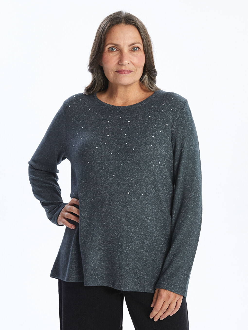 LCW Grace Crew Neck Rhinestone Embellished Women's Blouse -W4HP47Z8-L8N