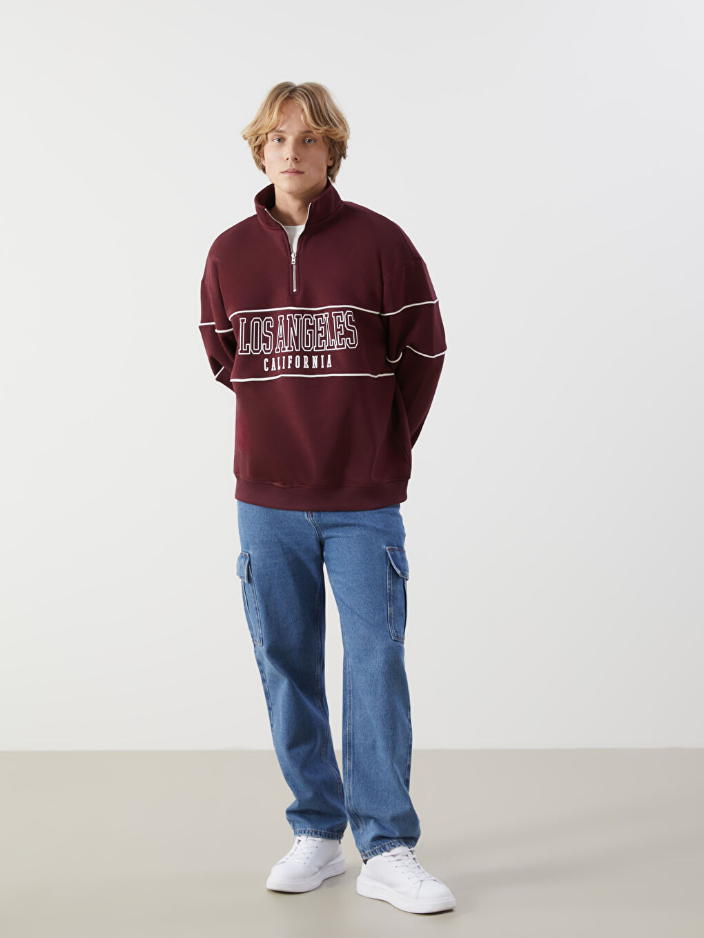 XSIDE Bordo Dik Yaka Uzun Kollu Baskılı Erkek Sweatshirt - 1