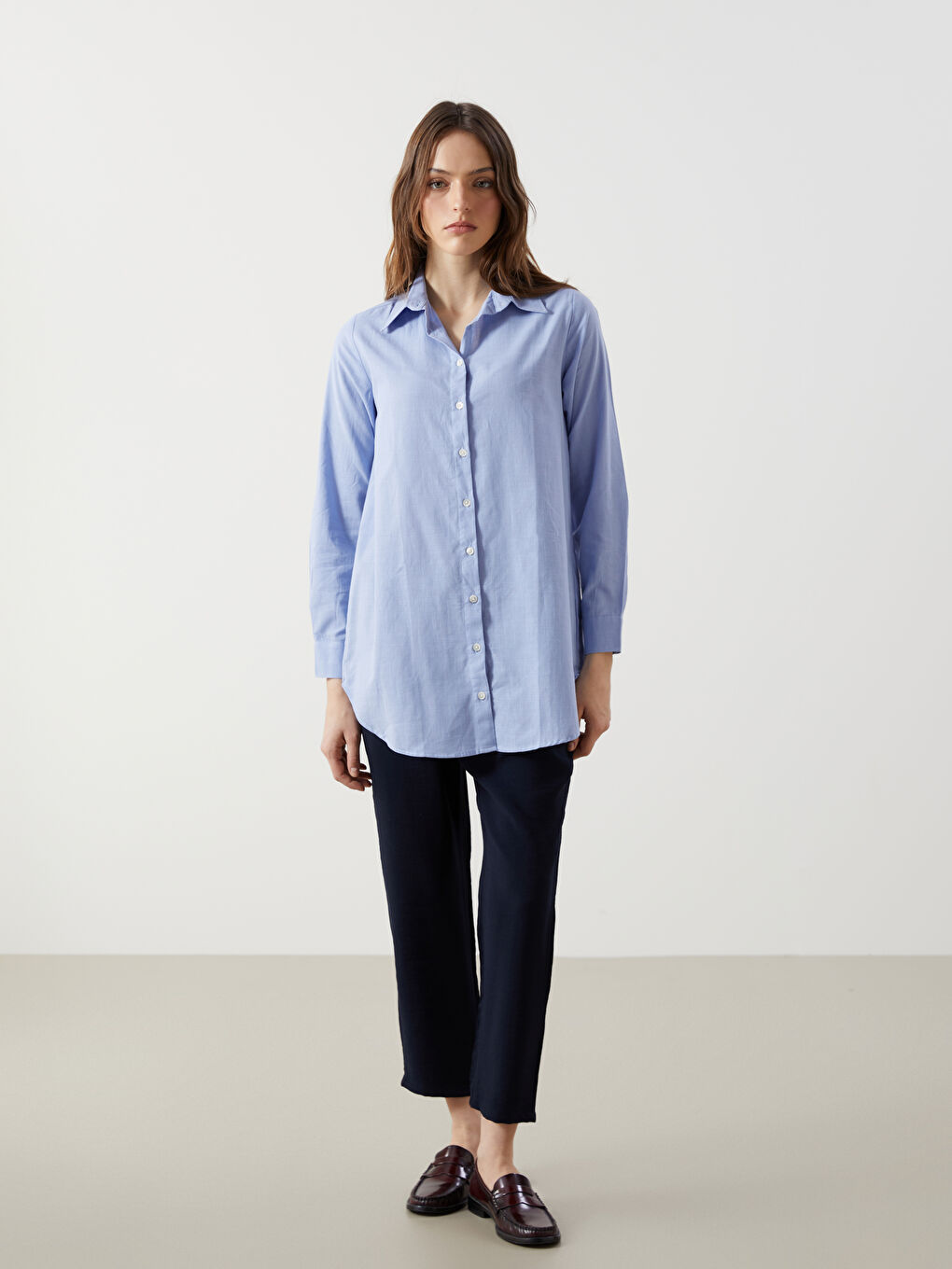 Tunique Chemise Dobby à Manches Longues Uni pour Femmes-1