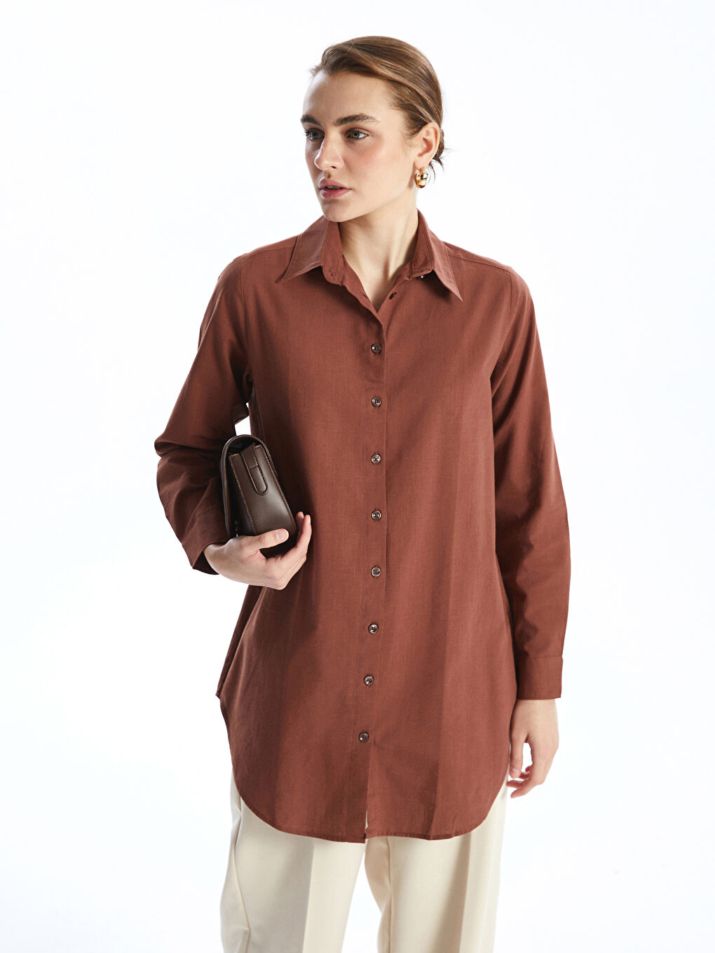 Plain Long Sleeve Dobby Women's Shirt Tunic -W4HQ41Z8-HGE