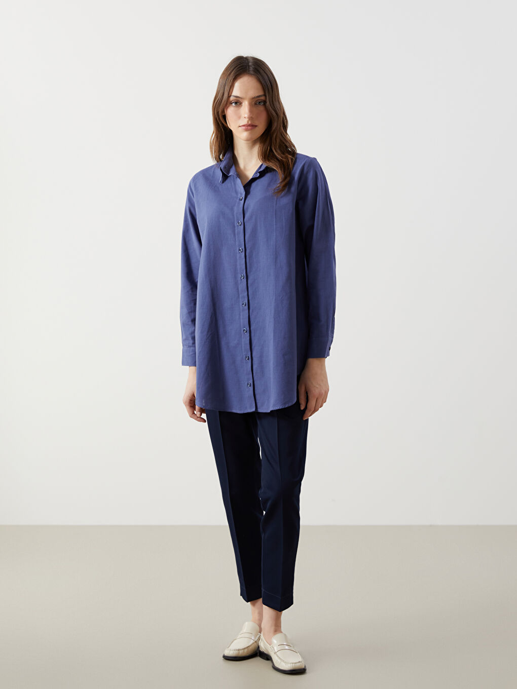 Plain Long Sleeve Dobby Women's Shirt Tunic-1