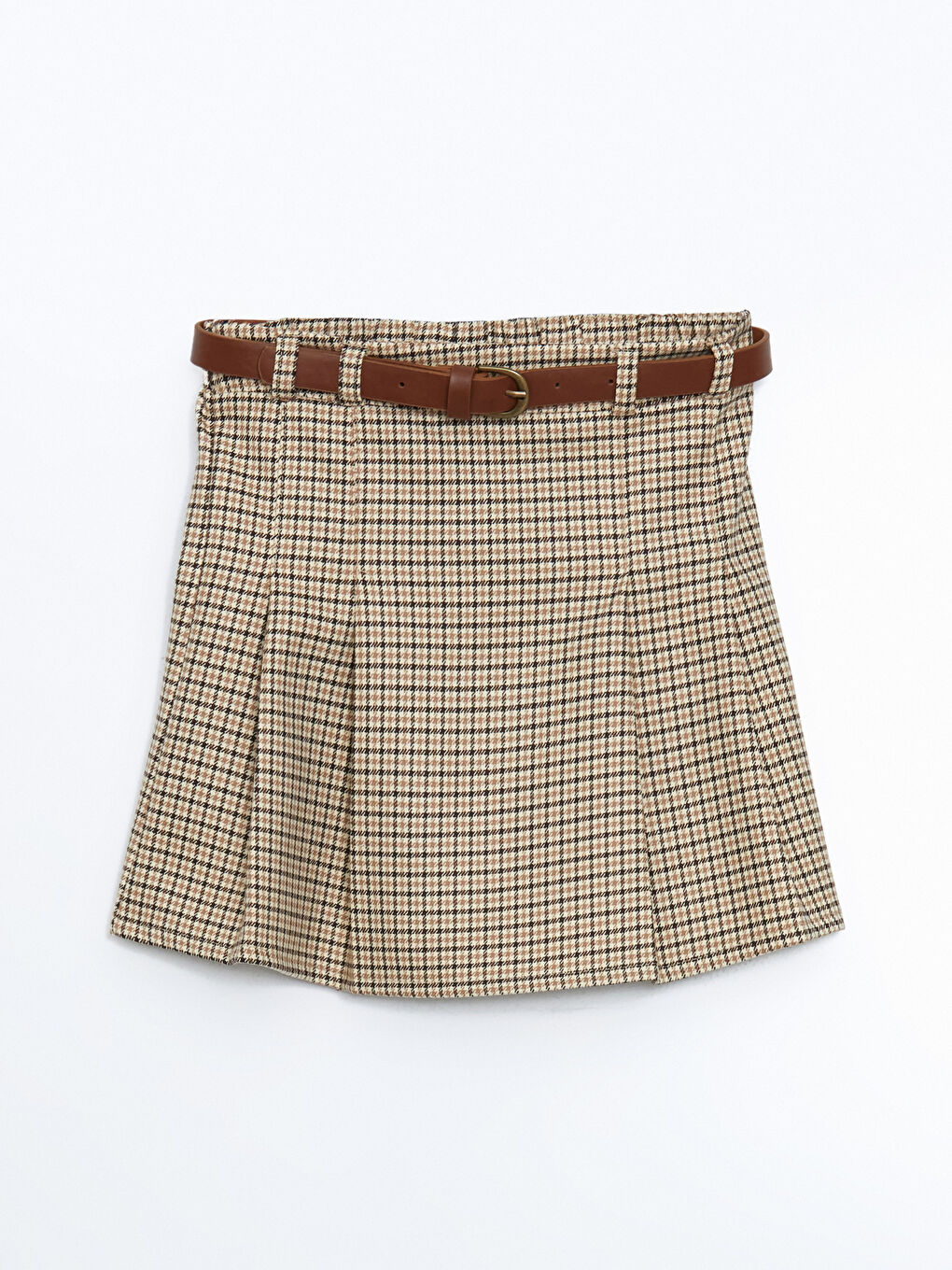 Kahverengi Ekose Desenli Kemerli Kız Çocuk Etek