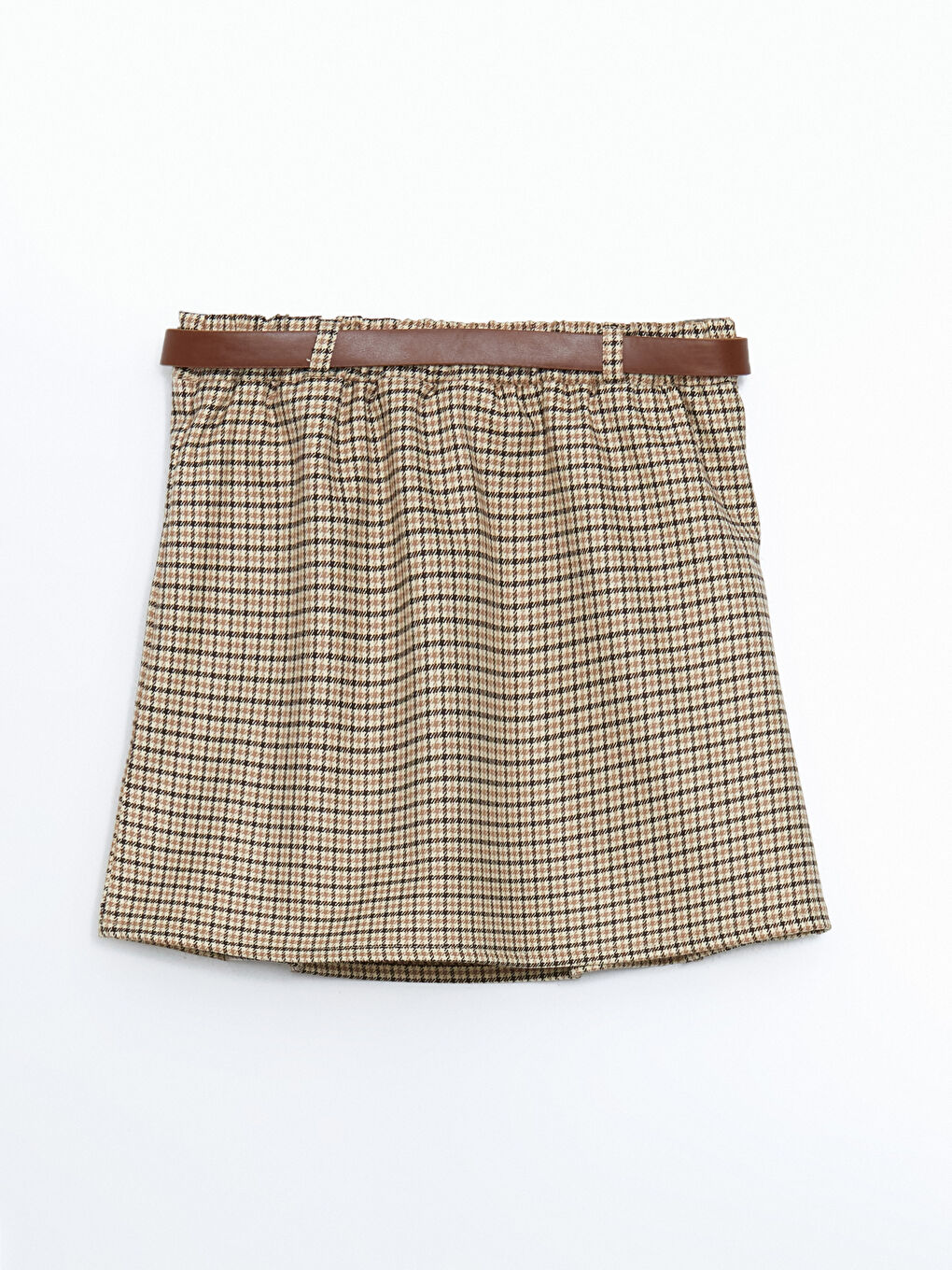 Kahverengi Ekose Desenli Kemerli Kız Çocuk Etek-1