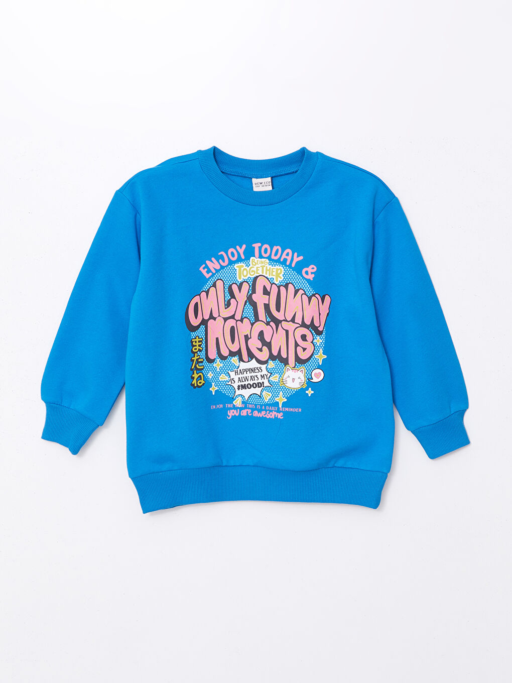 LCW ECO Koyu Mavi Bisiklet Yaka Baskılı Uzun Kollu Kız Çocuk Sweatshirt