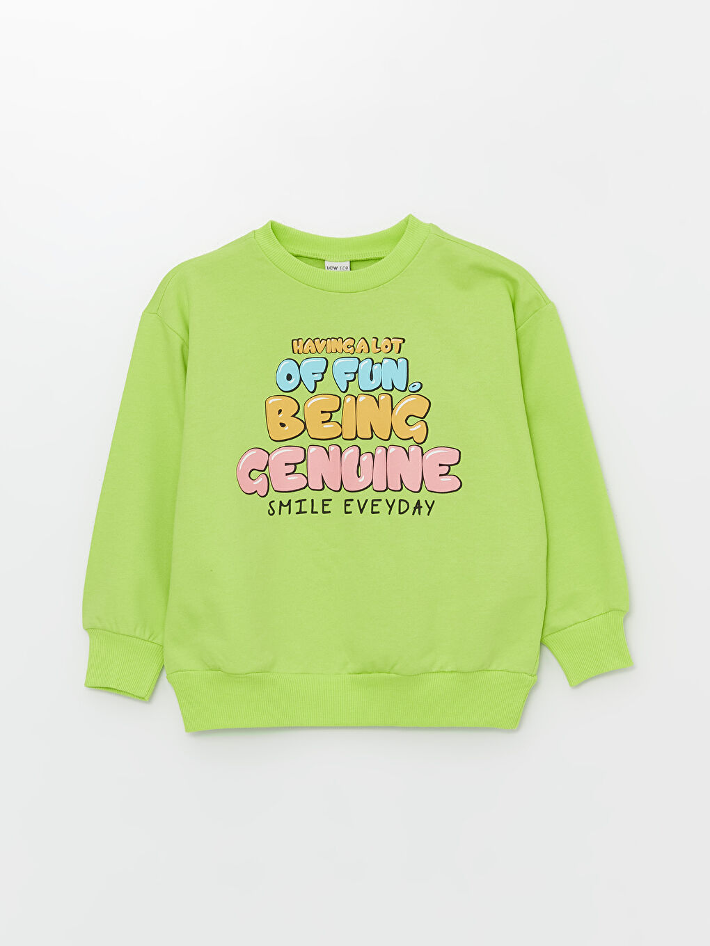 LCW ECO Neon Yeşil Bisiklet Yaka Baskılı Uzun Kollu Kız Çocuk Sweatshirt