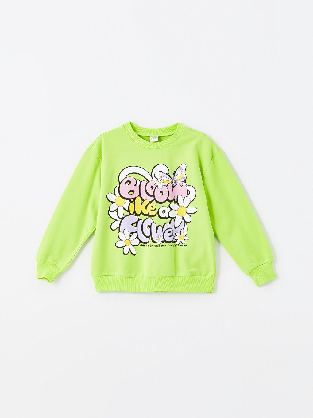 LCW ECO Neon Yeşil Bisiklet Yaka Baskılı Uzun Kollu Kız Çocuk Sweatshirt