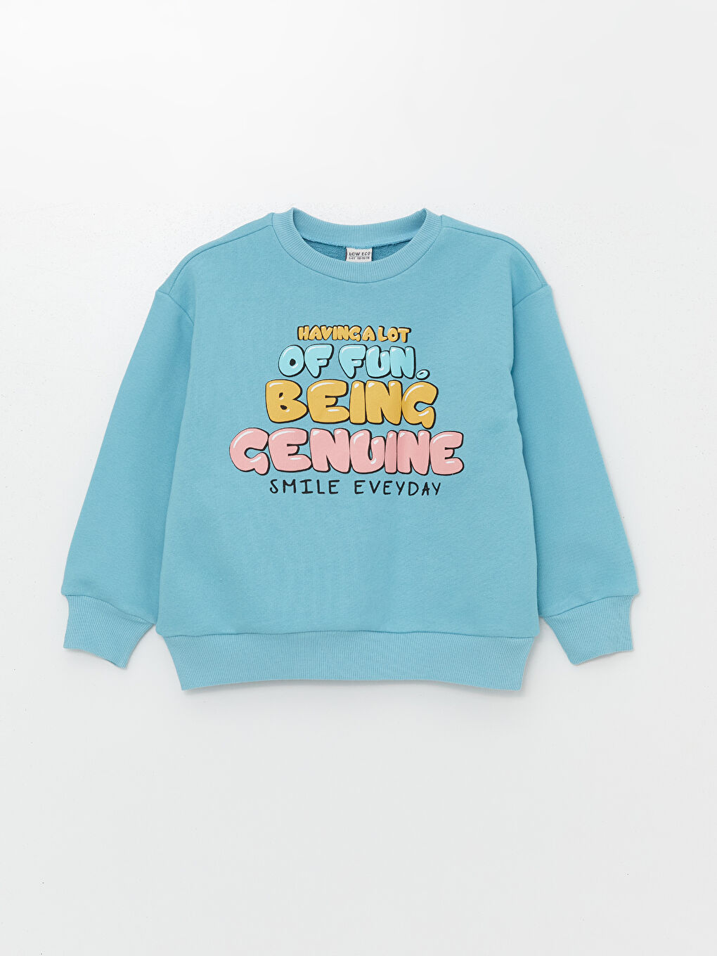 LCW ECO Mat Mavi Bisiklet Yaka Baskılı Uzun Kollu Kız Çocuk Sweatshirt