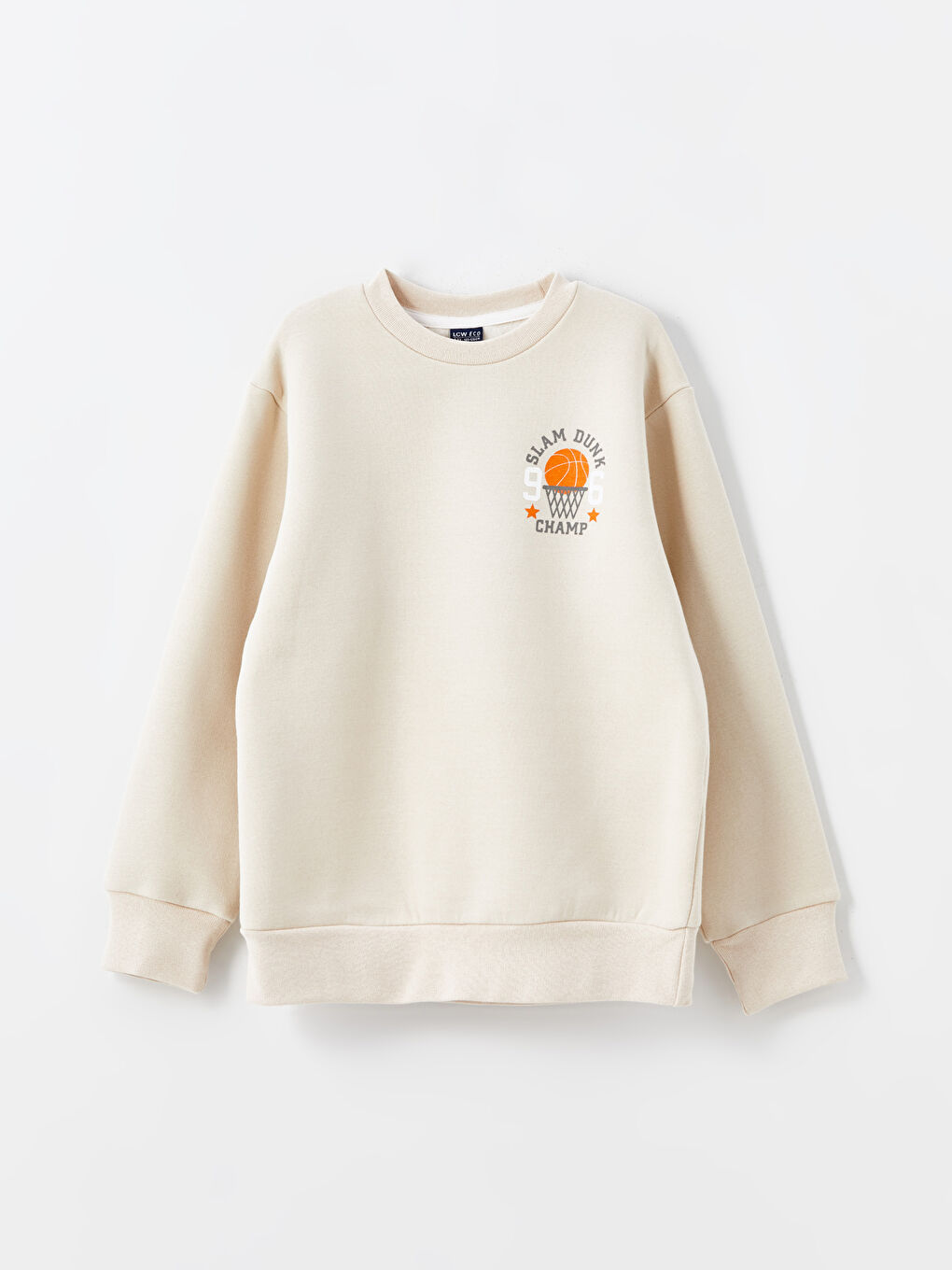 LCW ECO Bej Bisiklet Yaka Baskılı Uzun Kollu Erkek Çocuk Sweatshirt