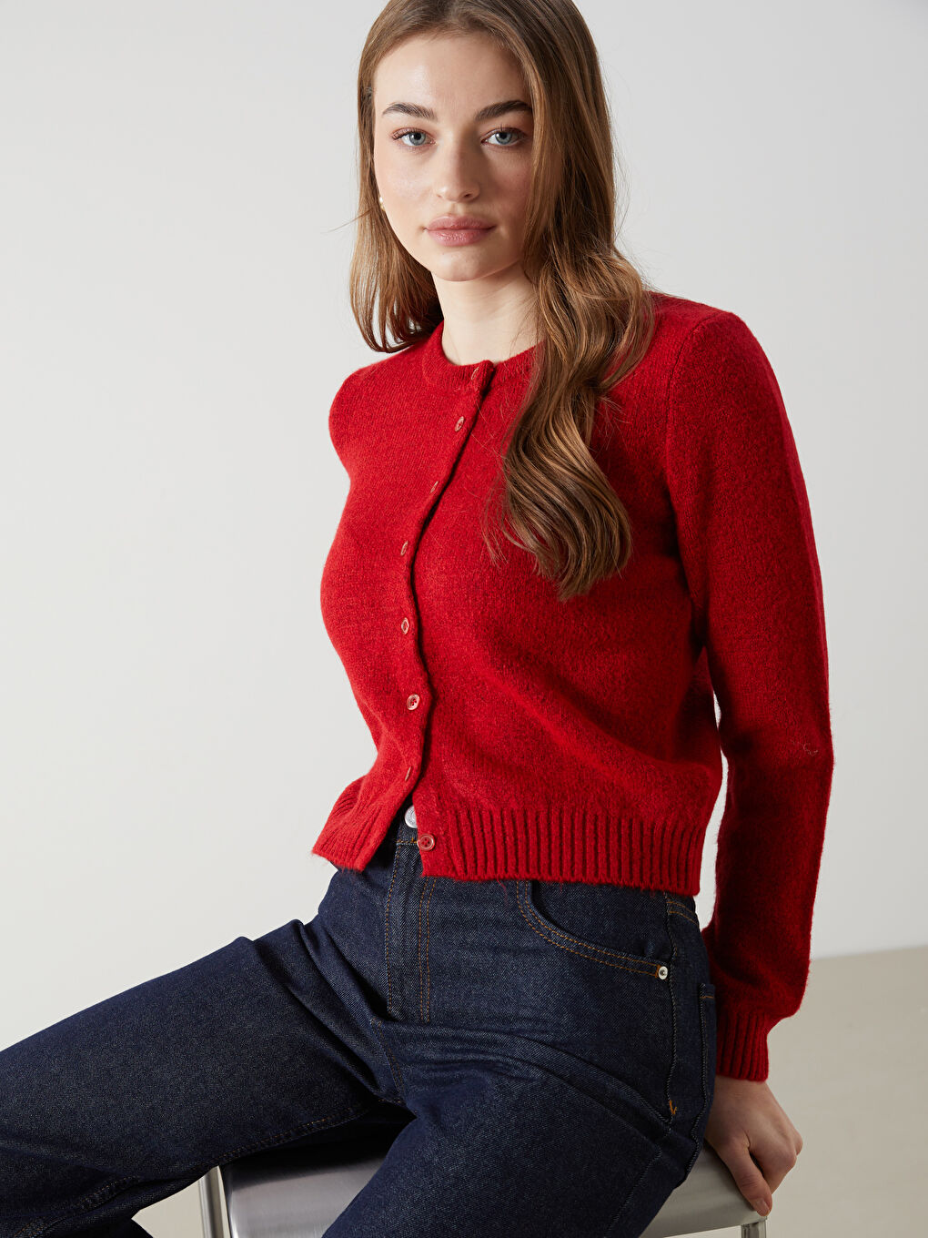 Kırmızı Bisiklet Yaka Crop Kadın Triko Hırka