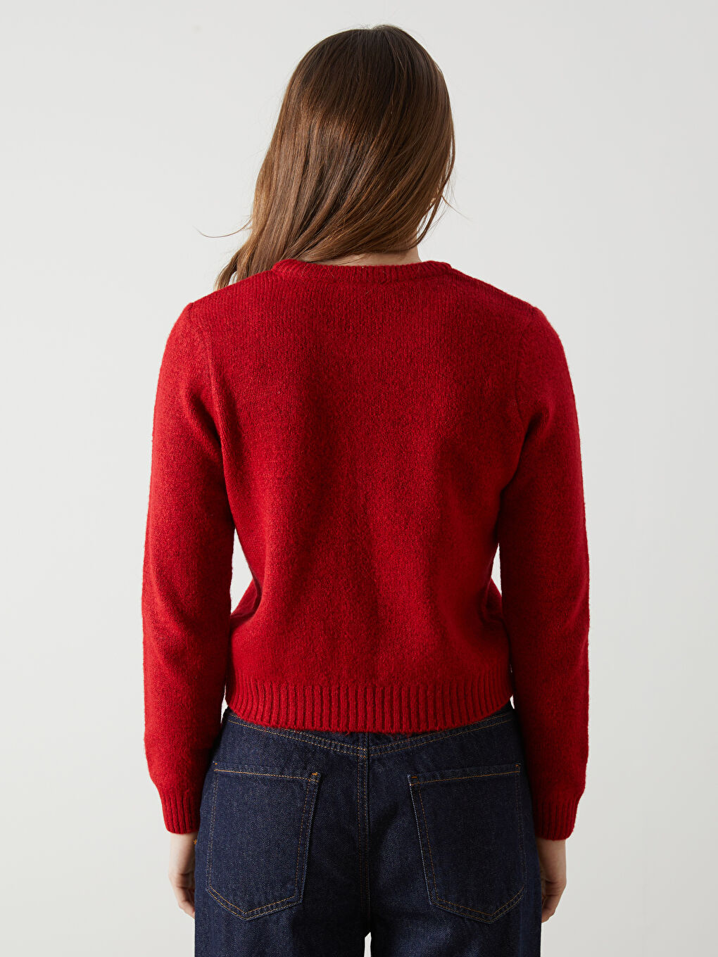 Kırmızı Bisiklet Yaka Crop Kadın Triko Hırka-3