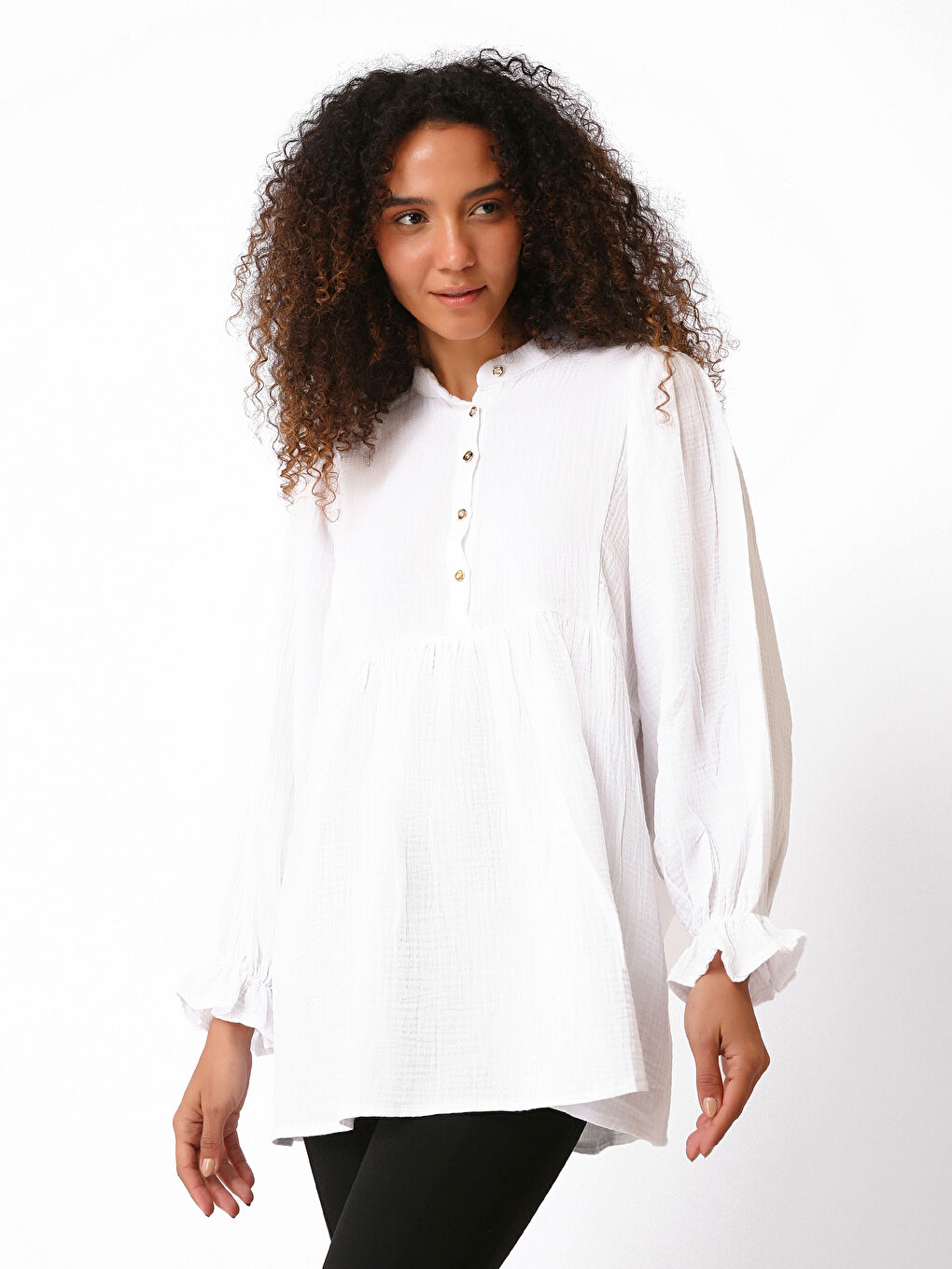 Grandad Collar Plain Long Sleeve Women's Tunic -W4HT71Z8-JYX