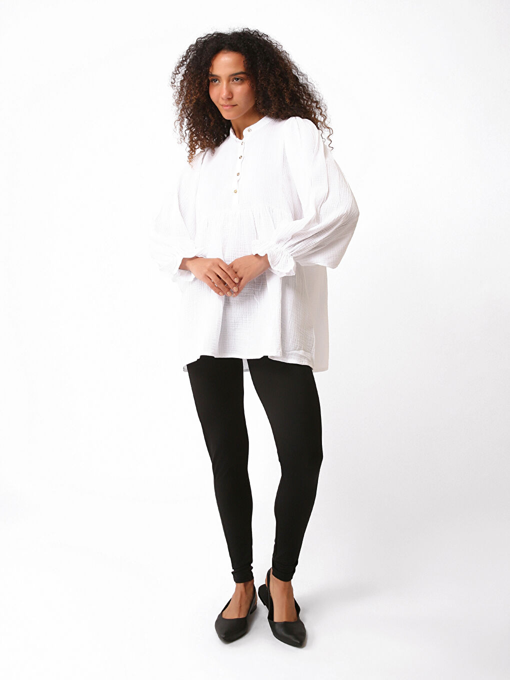Grandad Collar Plain Long Sleeve Women's Tunic -W4HT71Z8-JYX