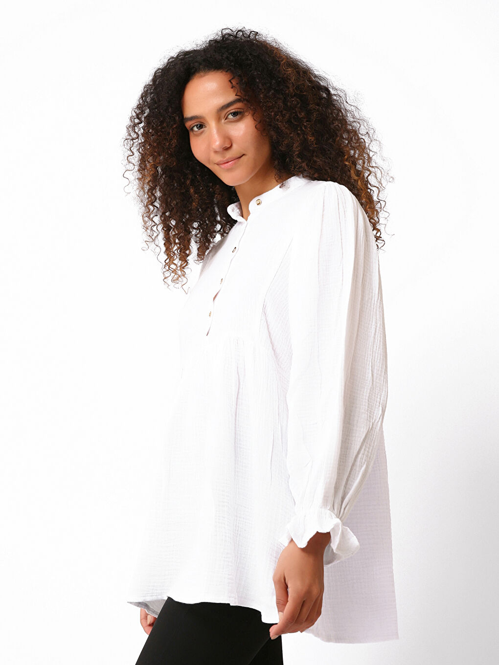 Grandad Collar Plain Long Sleeve Women's Tunic -W4HT71Z8-JYX