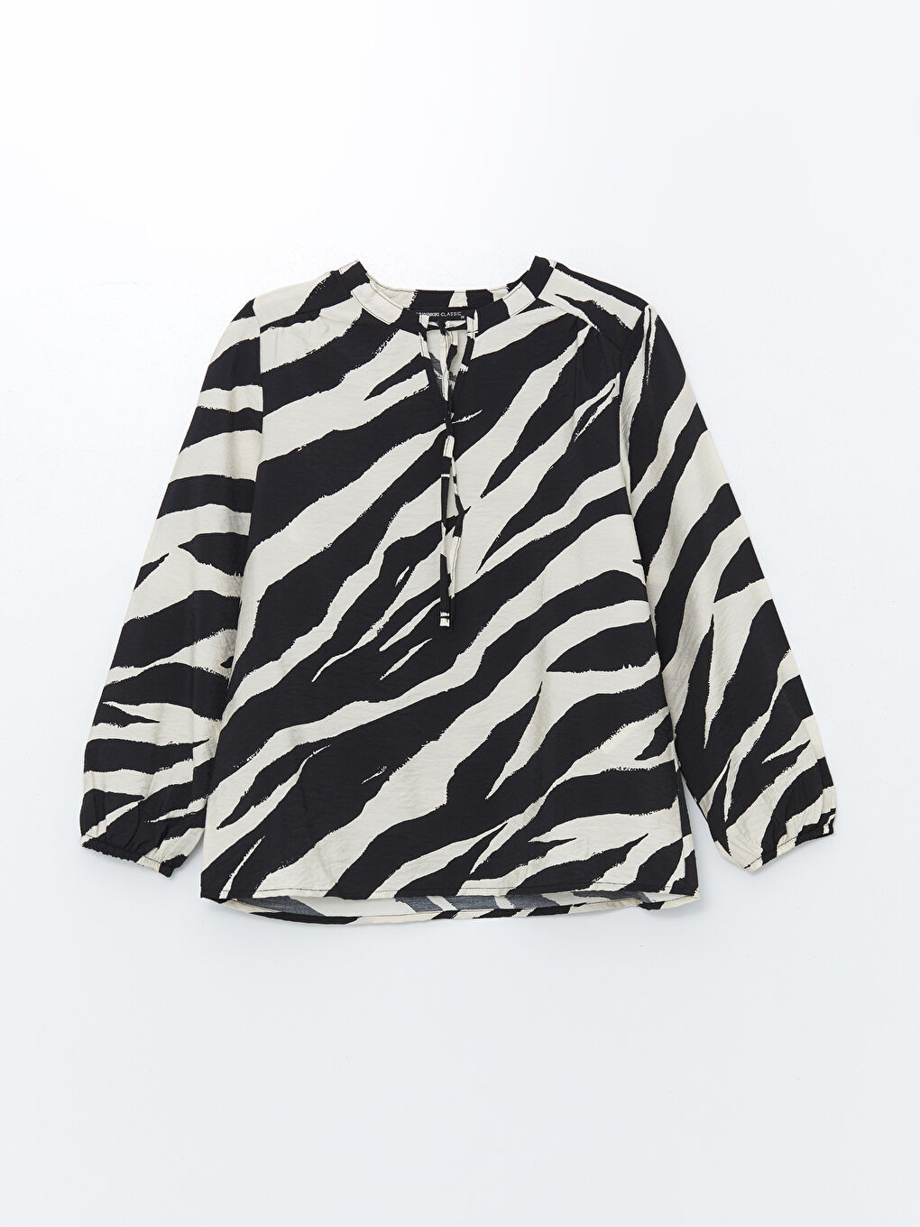 Siyah Bağlamalı Yaka Desenli Uzun Kollu Kadın Bluz-4