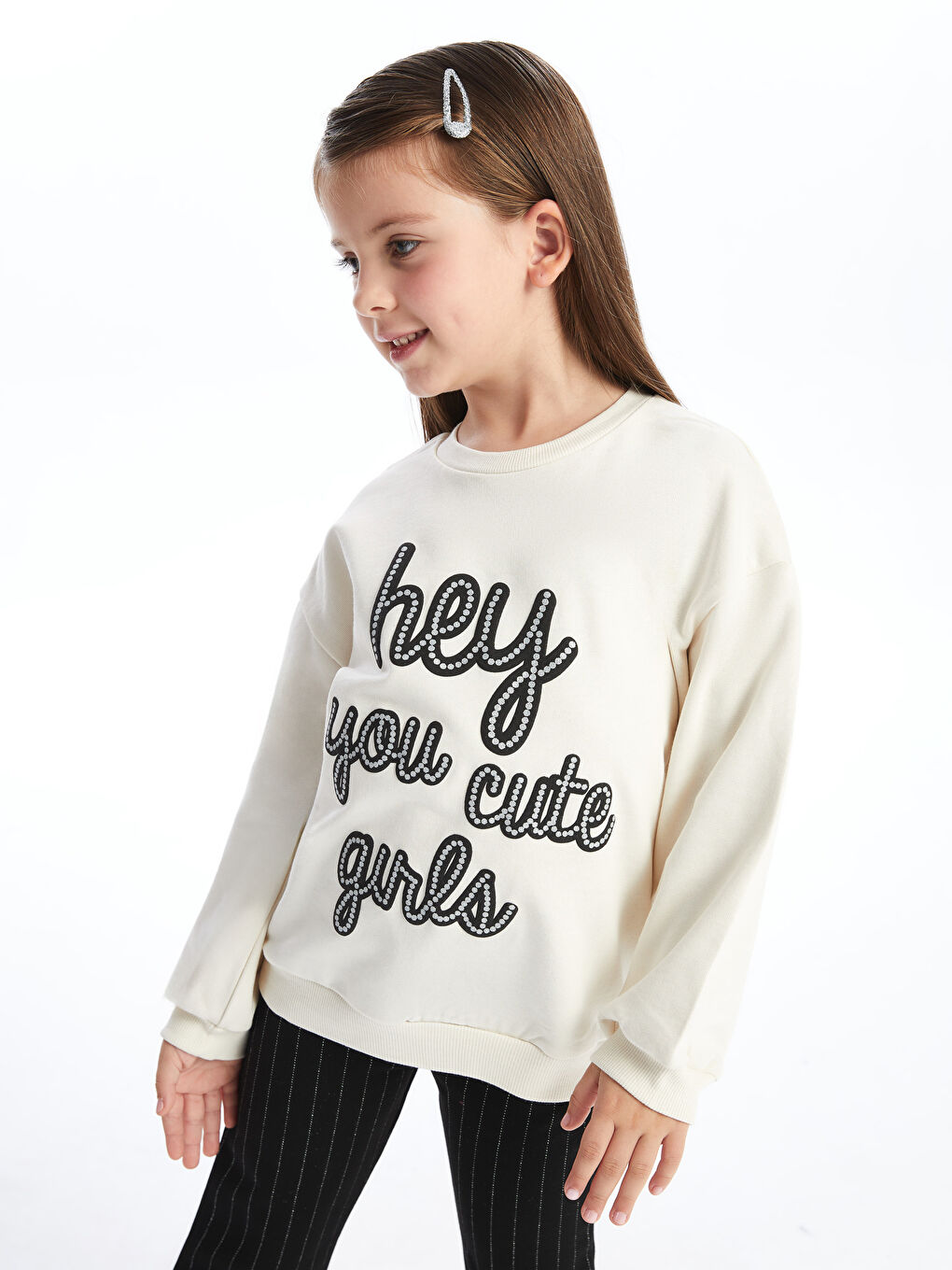 LCW Kids Ekru Bisiklet Yaka Uzun Kollu Baskılı Kız Çocuk Sweatshirt ve Tayt 2'li Takım