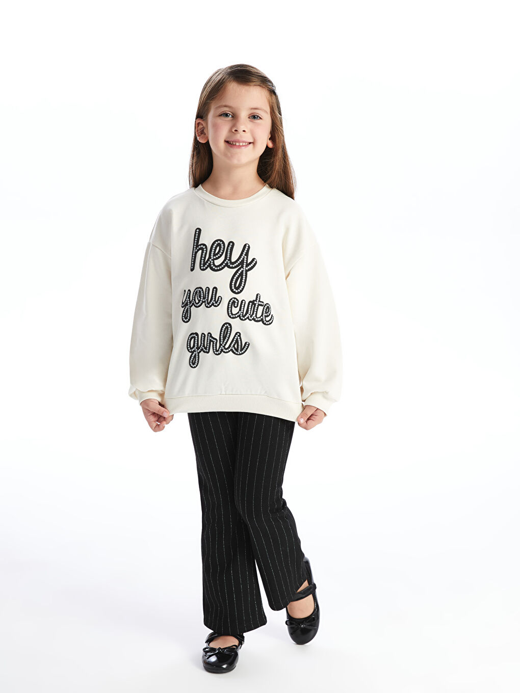 LCW Kids Ekru Bisiklet Yaka Uzun Kollu Baskılı Kız Çocuk Sweatshirt ve Tayt 2'li Takım - 1