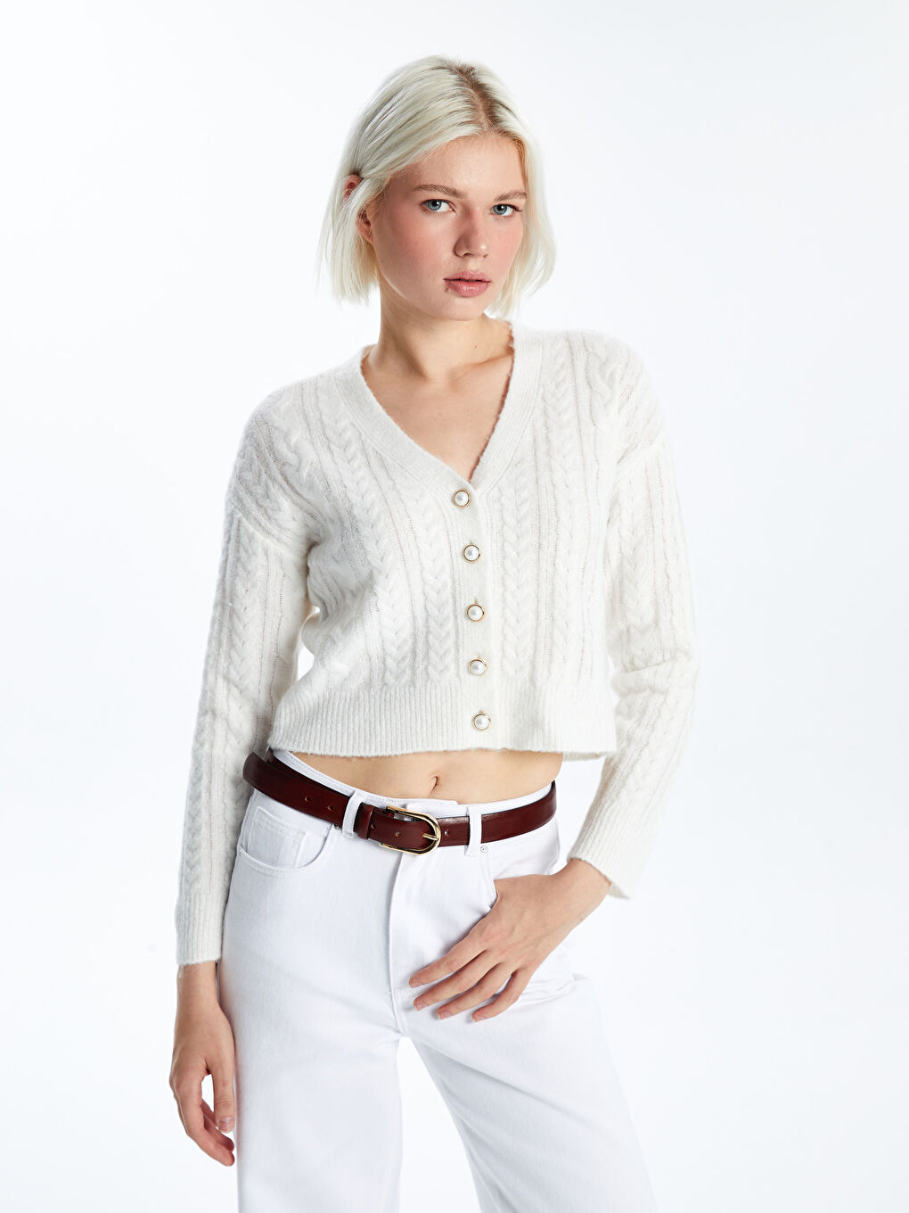 V Neck Self-Patterned Crop Women's Knitwear Cardigan