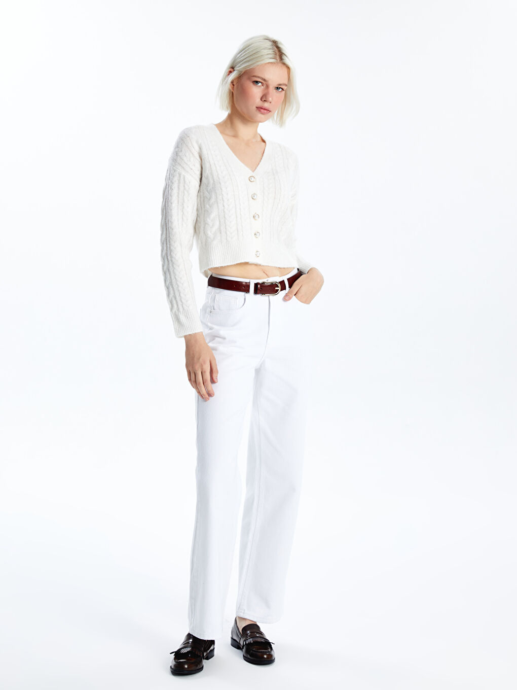 V Neck Self-Patterned Crop Women's Knitwear Cardigan-1