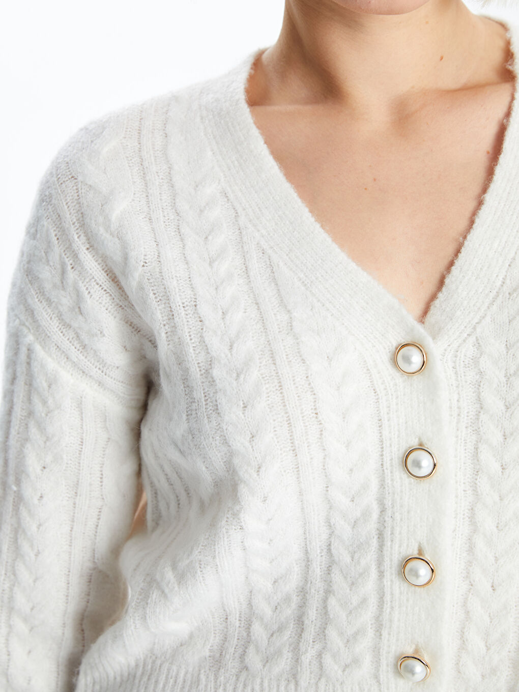 V Neck Self-Patterned Crop Women's Knitwear Cardigan-2